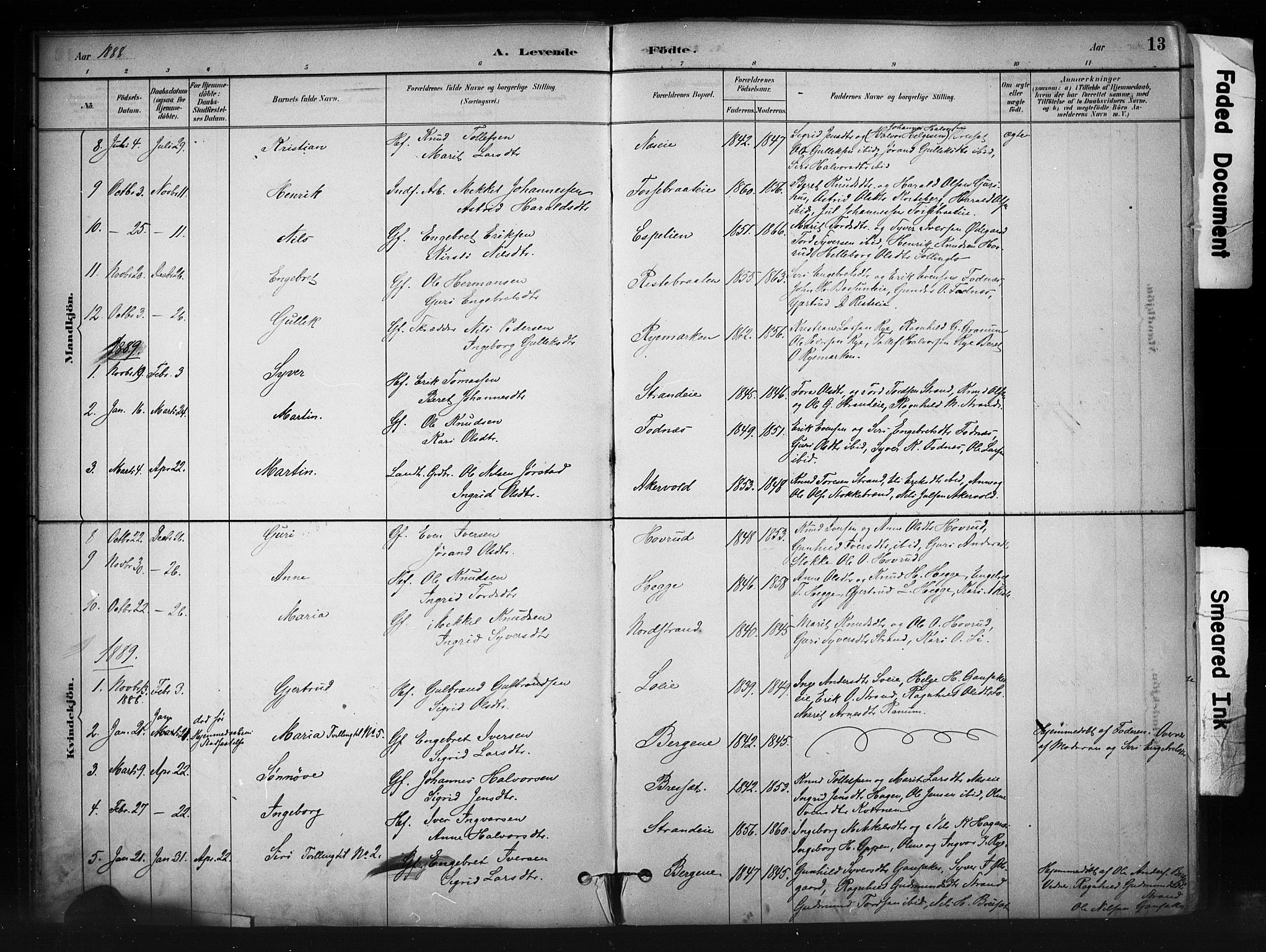 Nord-Aurdal prestekontor, SAH/PREST-132/H/Ha/Haa/L0010: Parish register (official) no. 10, 1883-1896, p. 13