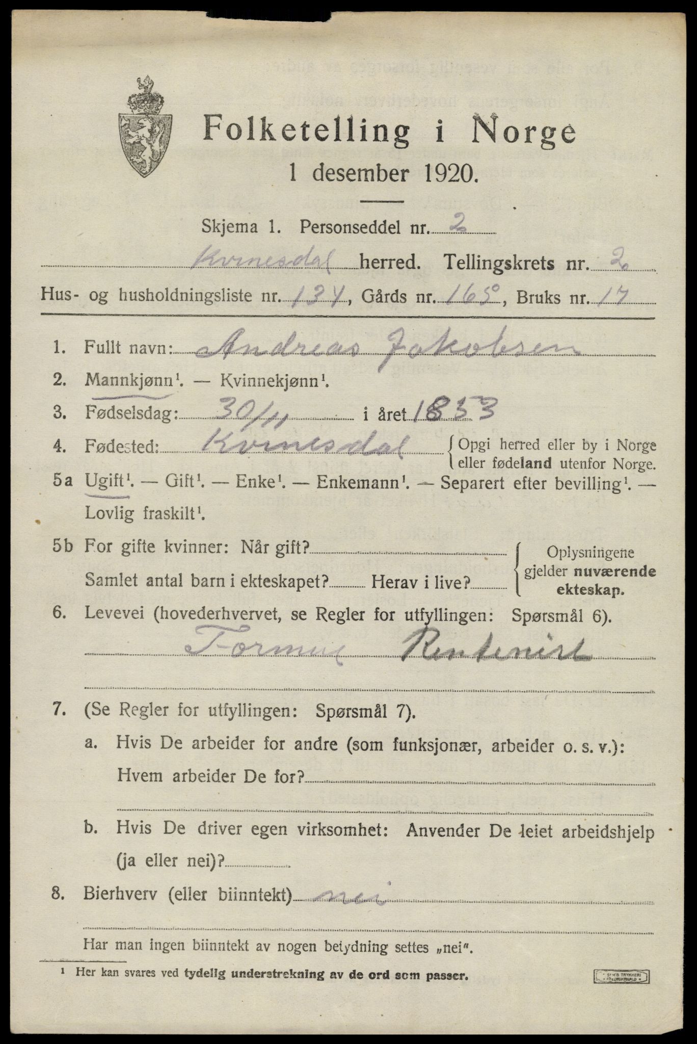 SAK, 1920 census for Kvinesdal, 1920, p. 3159