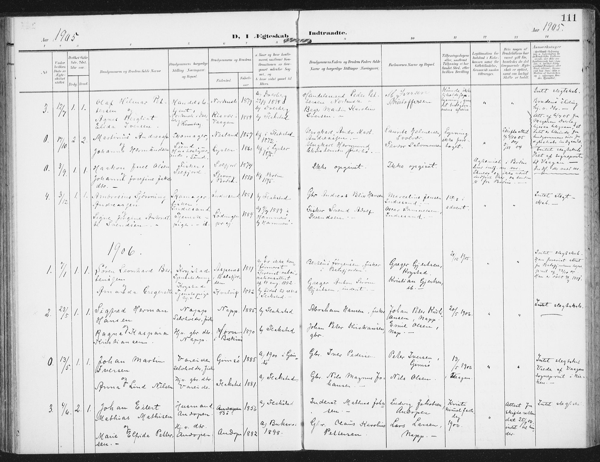 Ministerialprotokoller, klokkerbøker og fødselsregistre - Nordland, SAT/A-1459/885/L1206: Parish register (official) no. 885A07, 1905-1915, p. 111