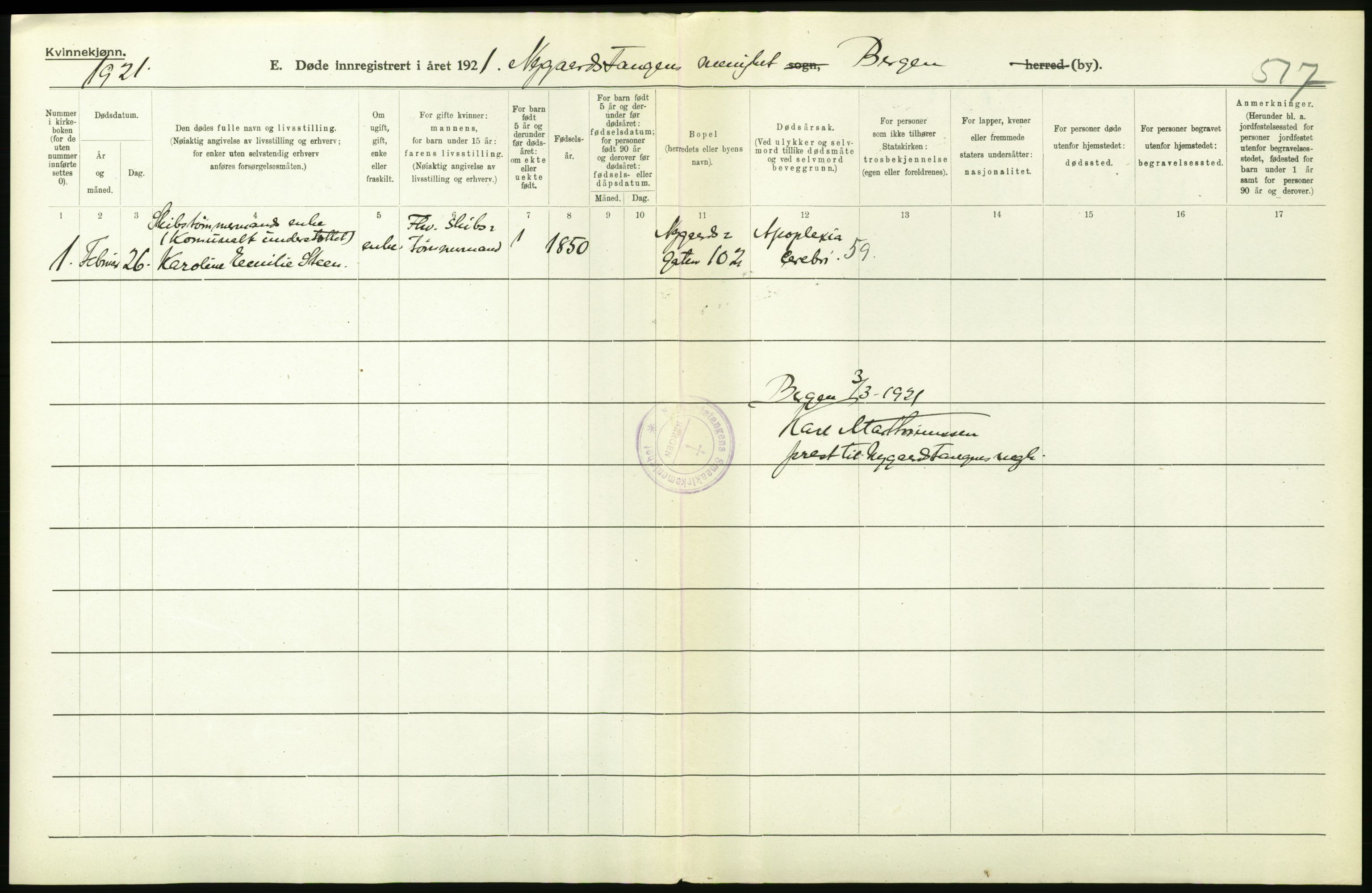 Statistisk sentralbyrå, Sosiodemografiske emner, Befolkning, AV/RA-S-2228/D/Df/Dfc/Dfca/L0036: Bergen: Døde., 1921, p. 404