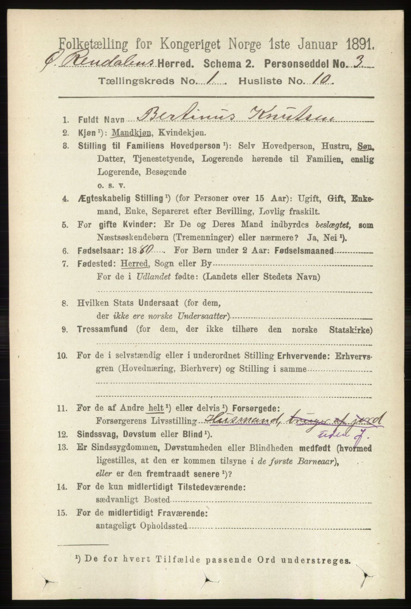 RA, 1891 census for 0433 Øvre Rendal, 1891, p. 124