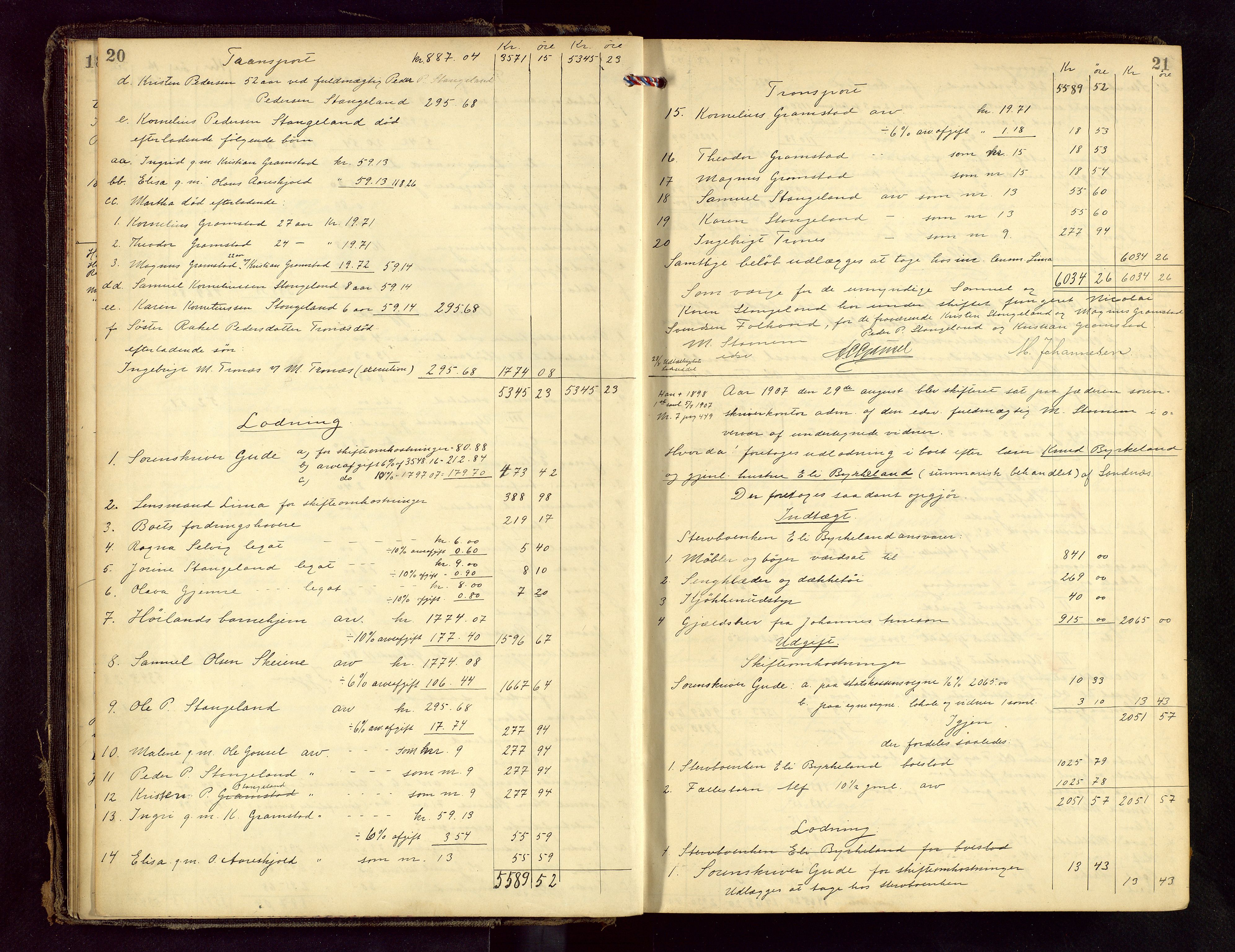 Jæren sorenskriveri, AV/SAST-A-100310/01/5/50/50BB/L0007: SKIFTEUTLODNINGSPROTOKOLL, 1907-1914, p. 20-21