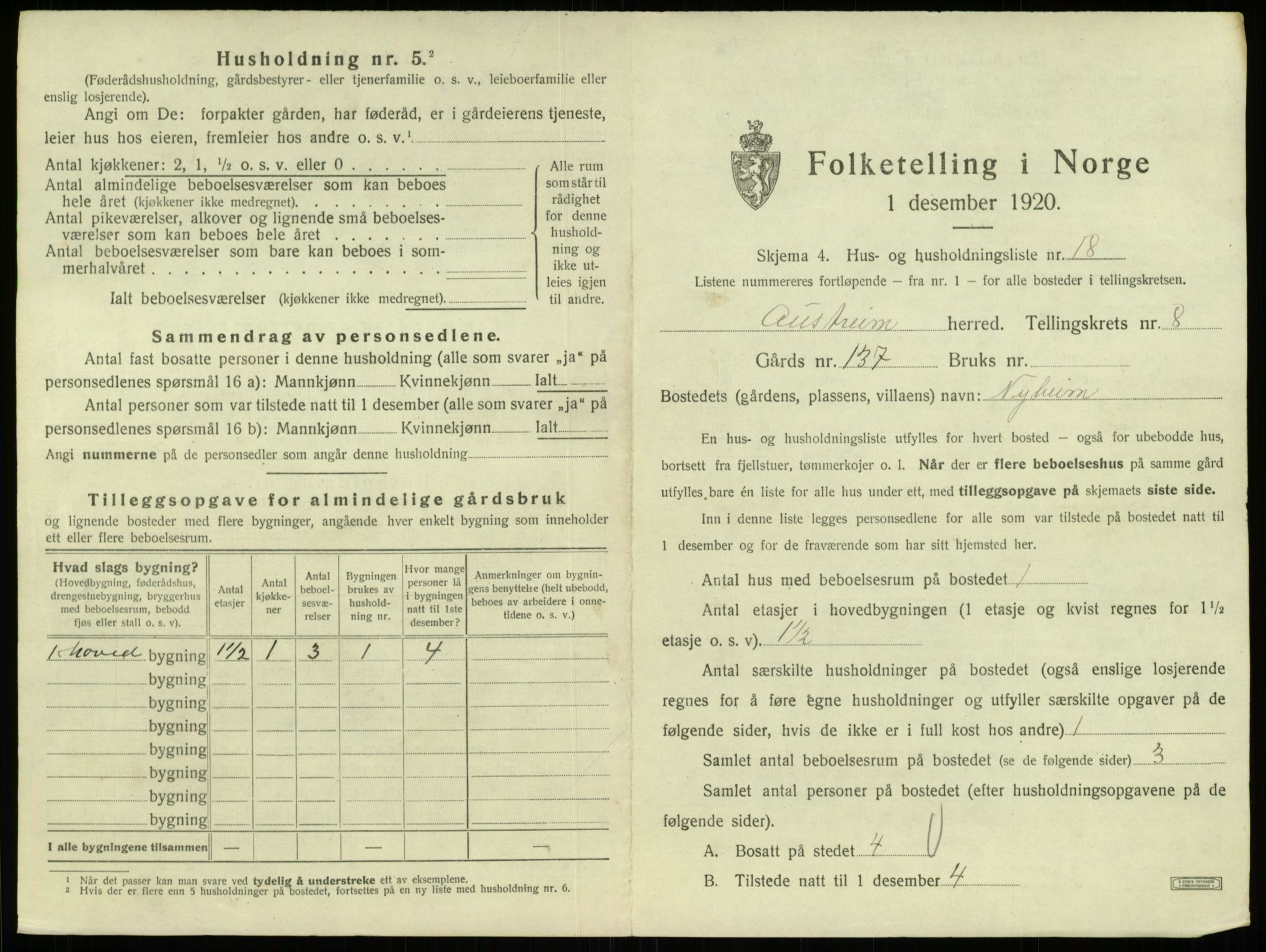 SAB, 1920 census for Austrheim, 1920, p. 418