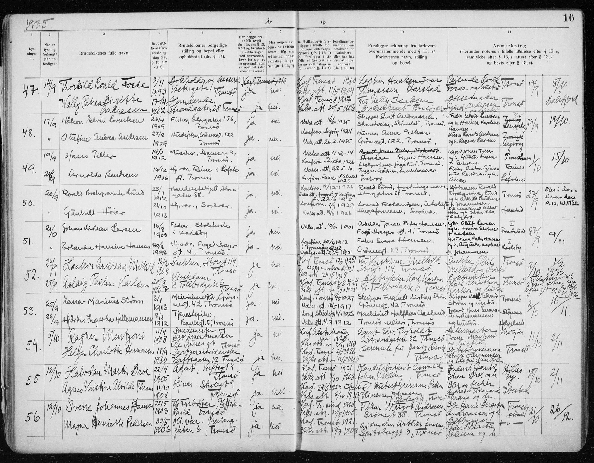 Tromsø sokneprestkontor/stiftsprosti/domprosti, AV/SATØ-S-1343/H/Hc/L0101: Banns register no. 101, 1933-1943, p. 16