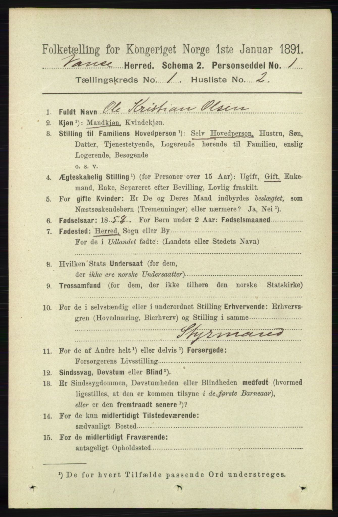 RA, 1891 census for 1041 Vanse, 1891, p. 138