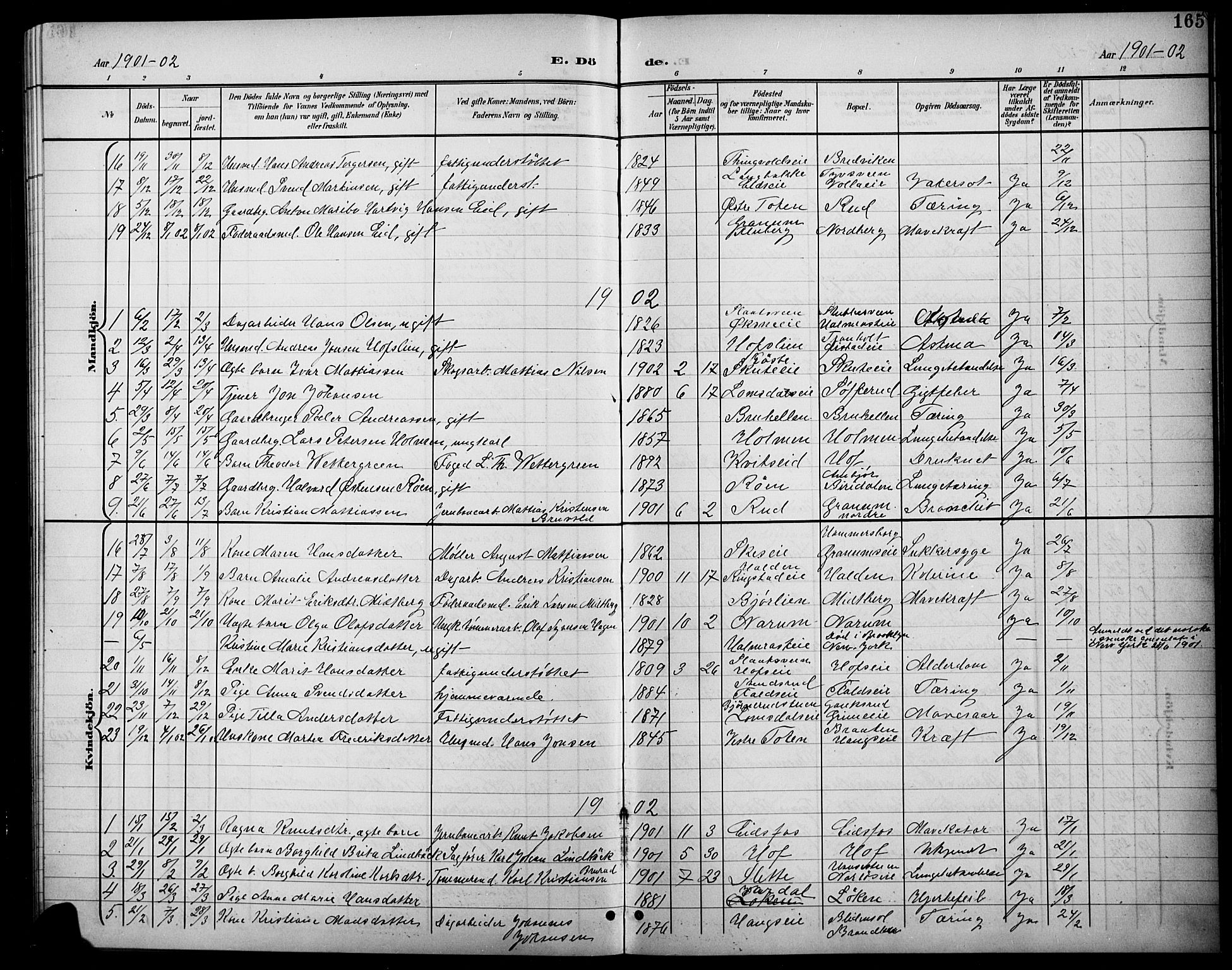 Søndre Land prestekontor, SAH/PREST-122/L/L0004: Parish register (copy) no. 4, 1901-1915, p. 165