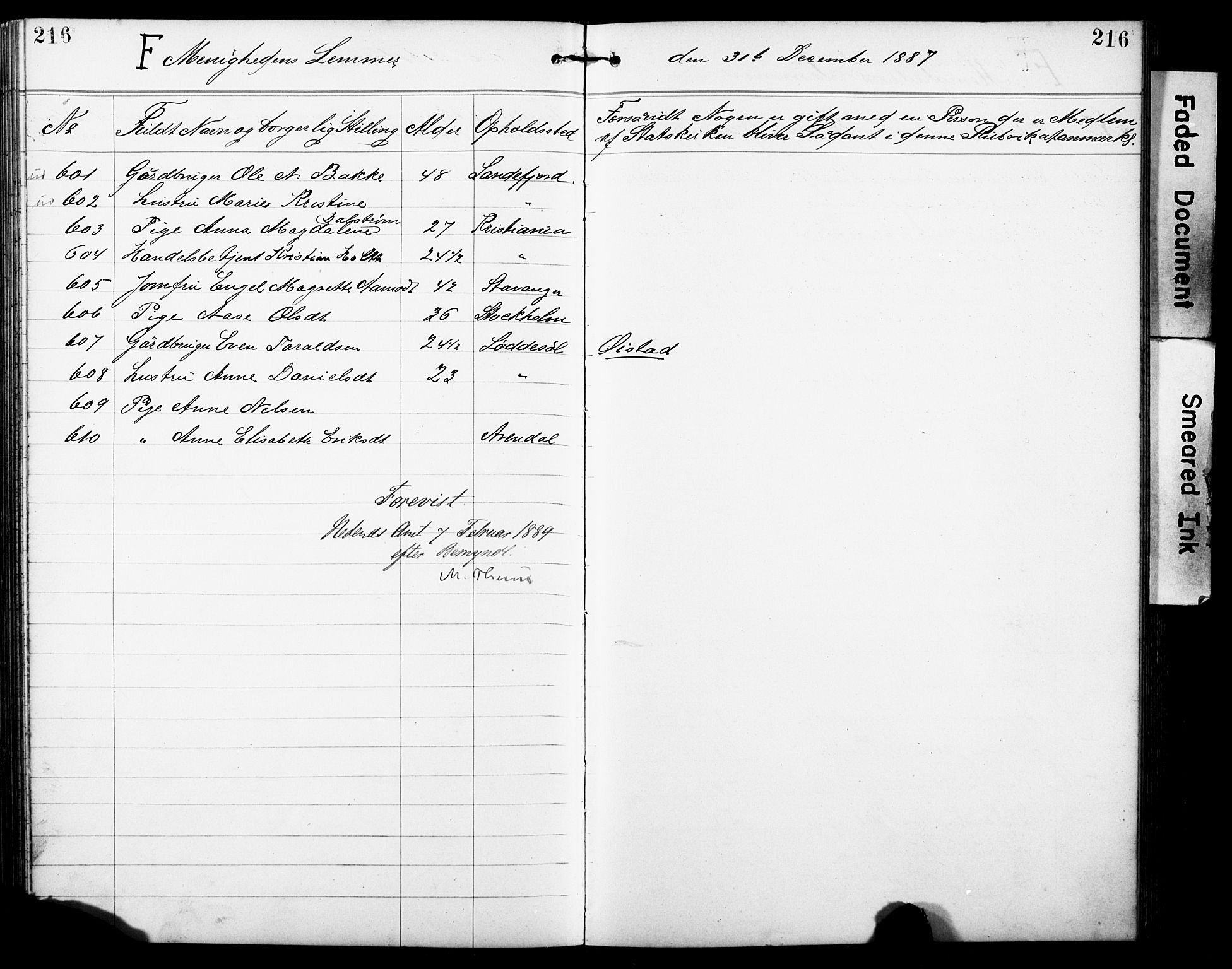 Den evangelisk-lutherske frimenighet, Arendal, AV/SAK-1292-0005/F/Fa/L0002: Dissenter register no. F 6, 1884-1908, p. 216