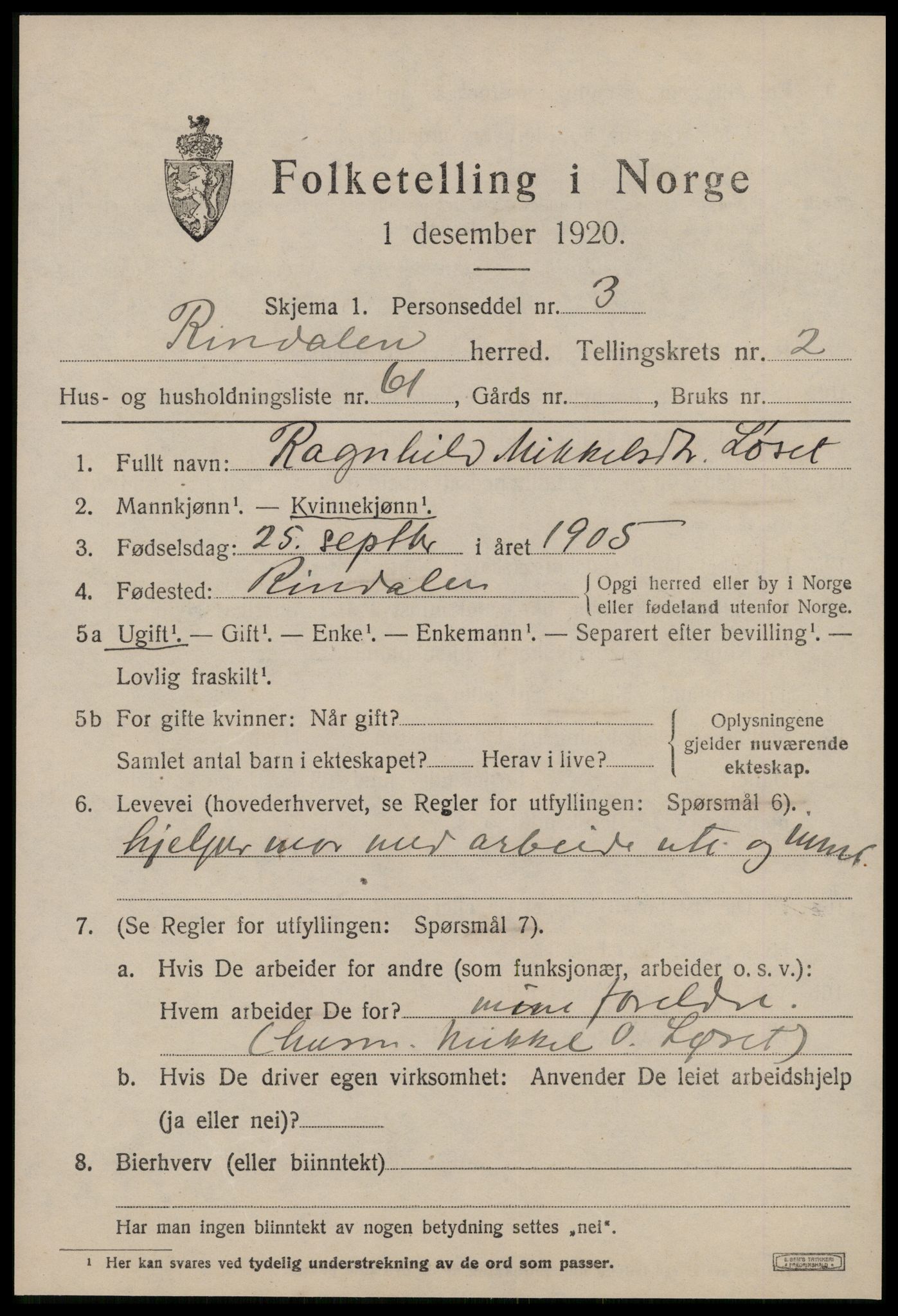 SAT, 1920 census for Rindal, 1920, p. 1596