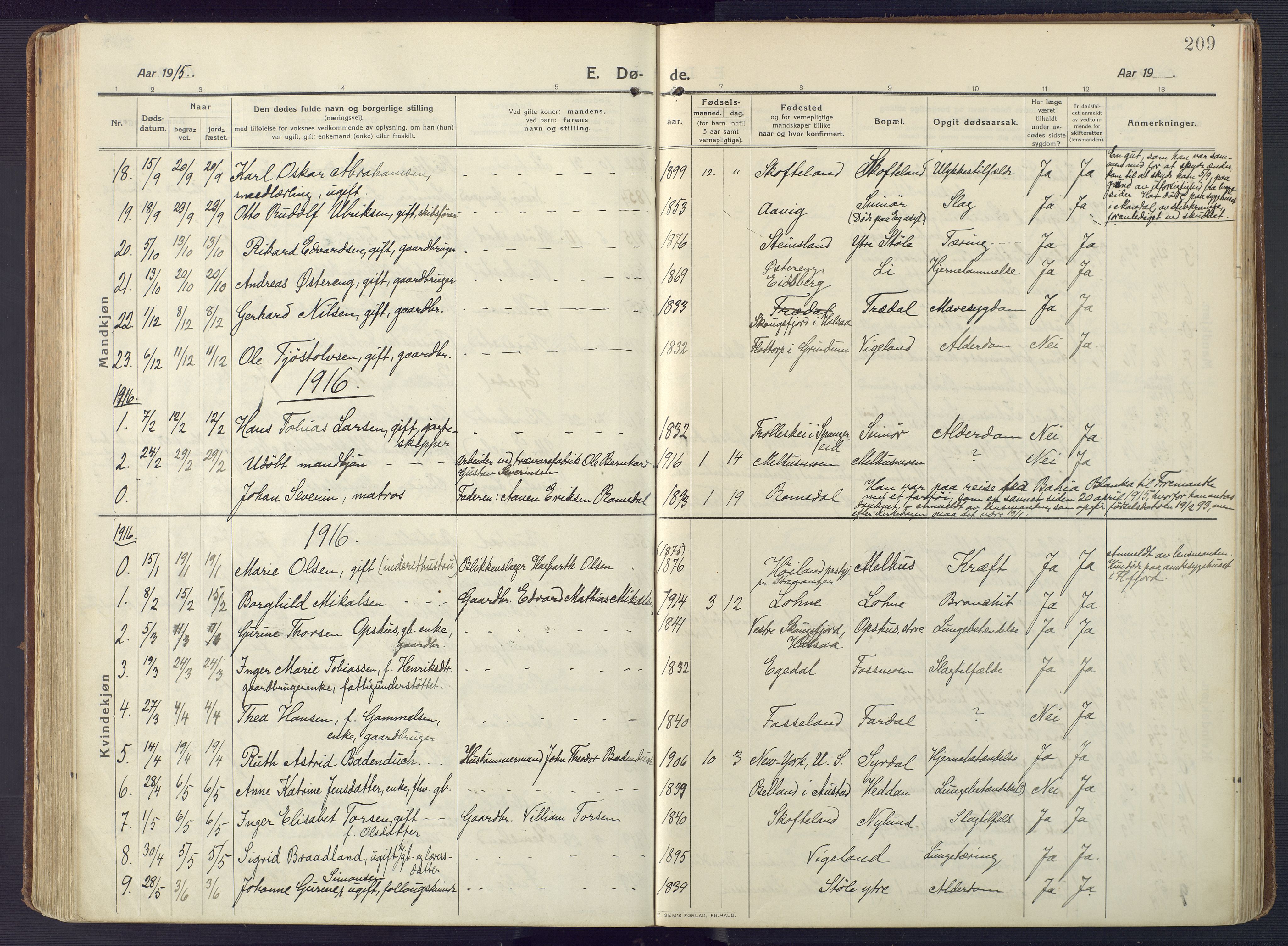 Sør-Audnedal sokneprestkontor, AV/SAK-1111-0039/F/Fa/Fab/L0011: Parish register (official) no. A 11, 1912-1938, p. 209