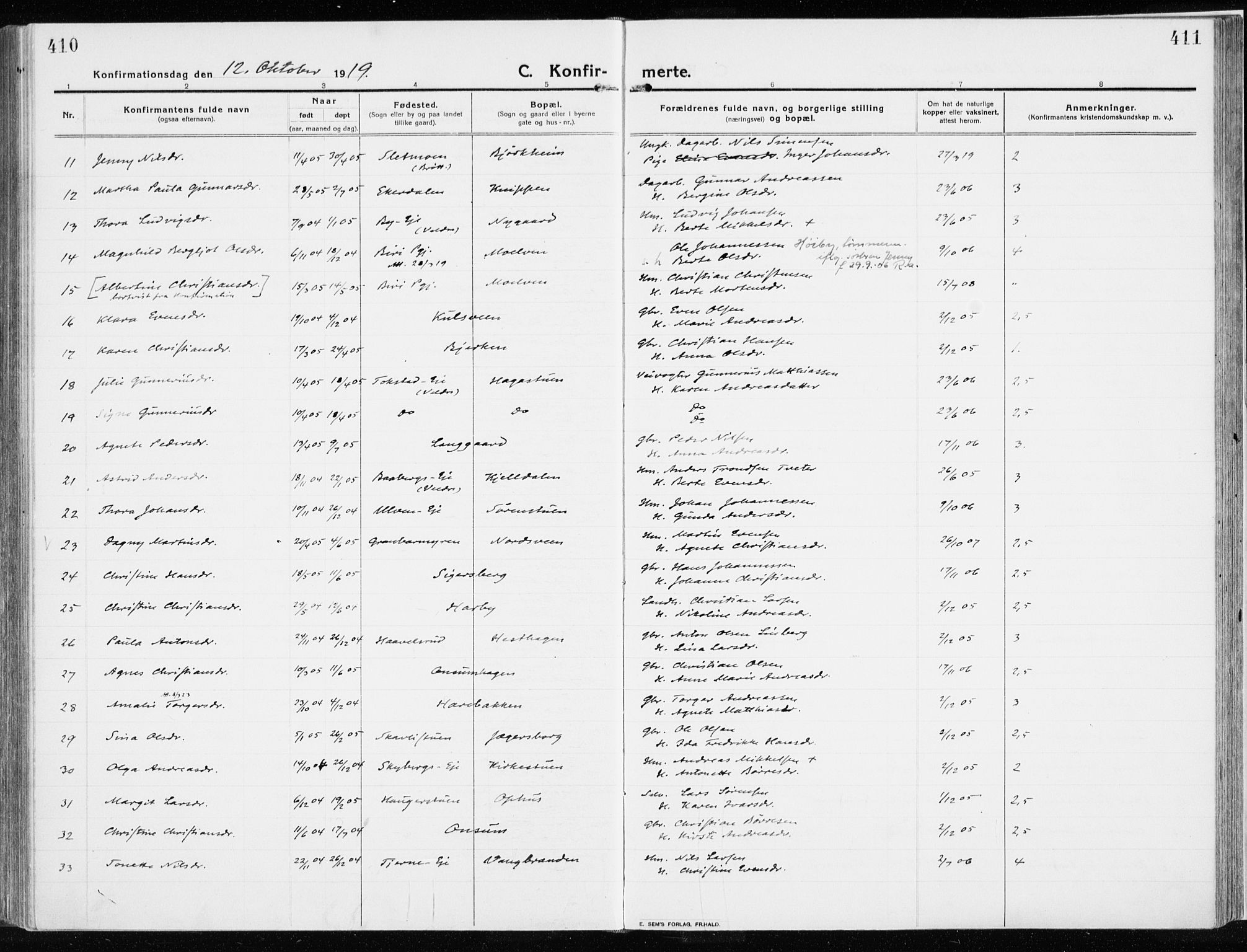 Ringsaker prestekontor, AV/SAH-PREST-014/K/Ka/L0020: Parish register (official) no. 20, 1913-1922, p. 410-411