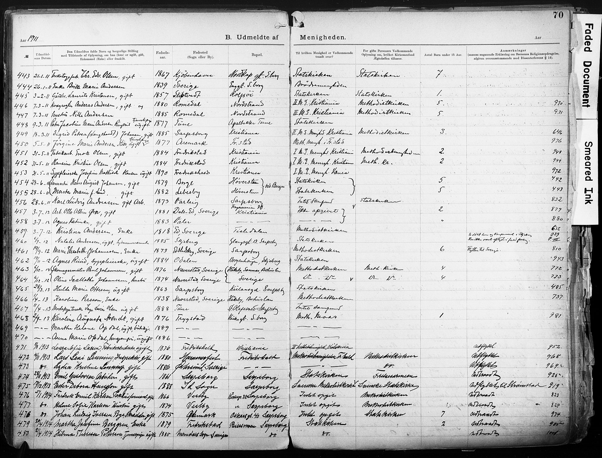 Sarpsborg metodistkirke, SAO/PAO-0233/A/L0004: Dissenter register no. 4, 1892-1923, p. 70