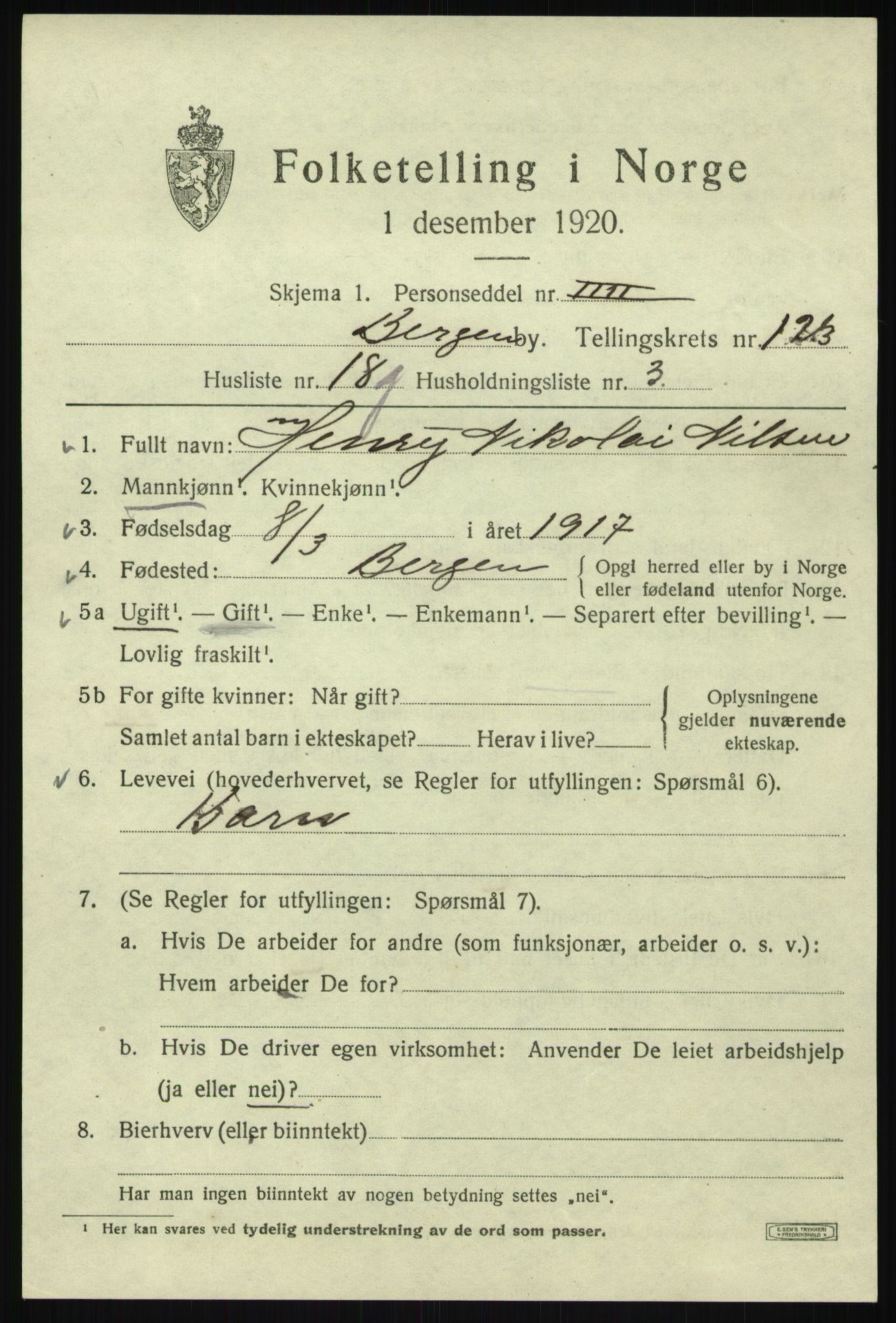 SAB, 1920 census for Bergen, 1920, p. 207902