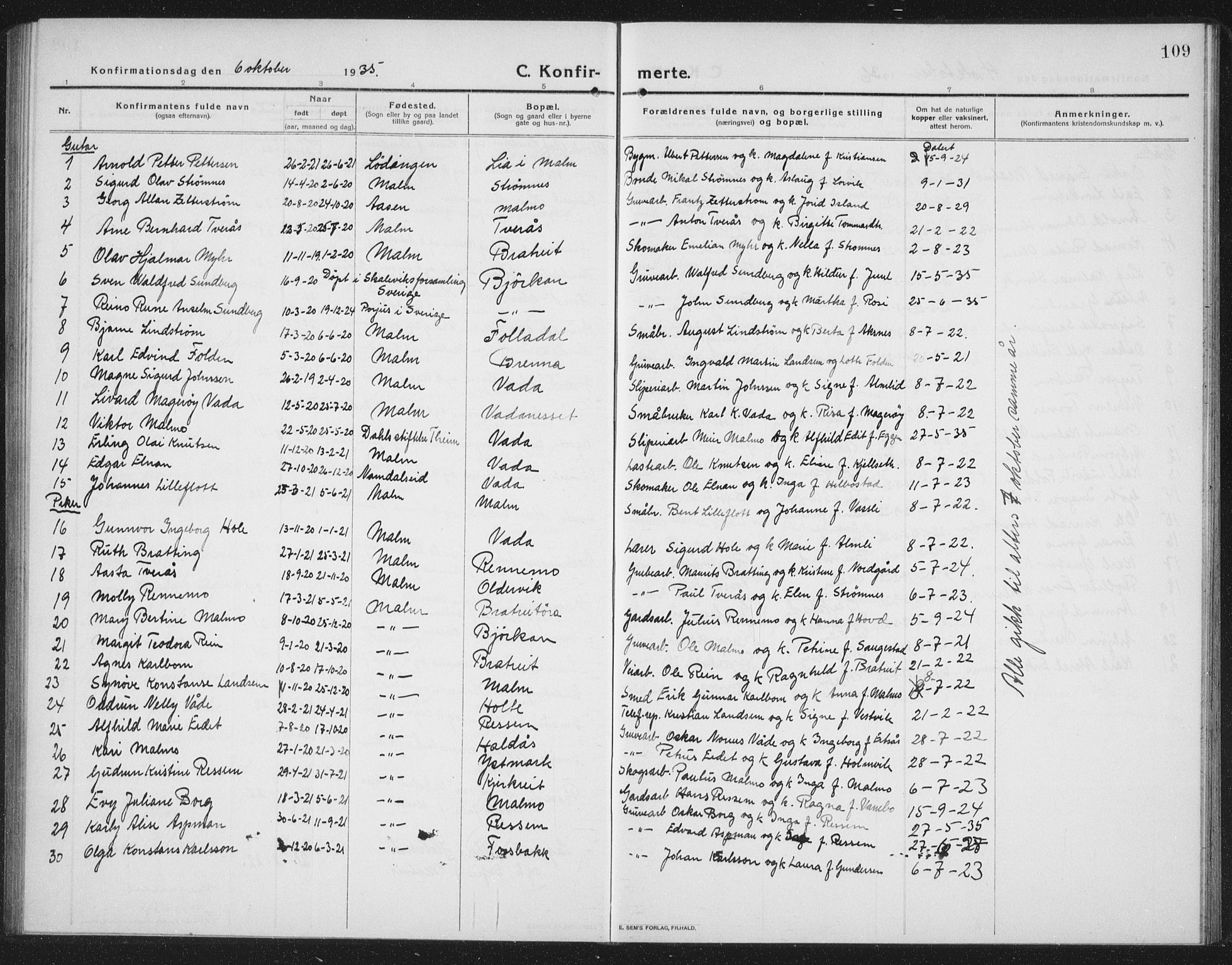 Ministerialprotokoller, klokkerbøker og fødselsregistre - Nord-Trøndelag, SAT/A-1458/745/L0434: Parish register (copy) no. 745C03, 1914-1937, p. 109
