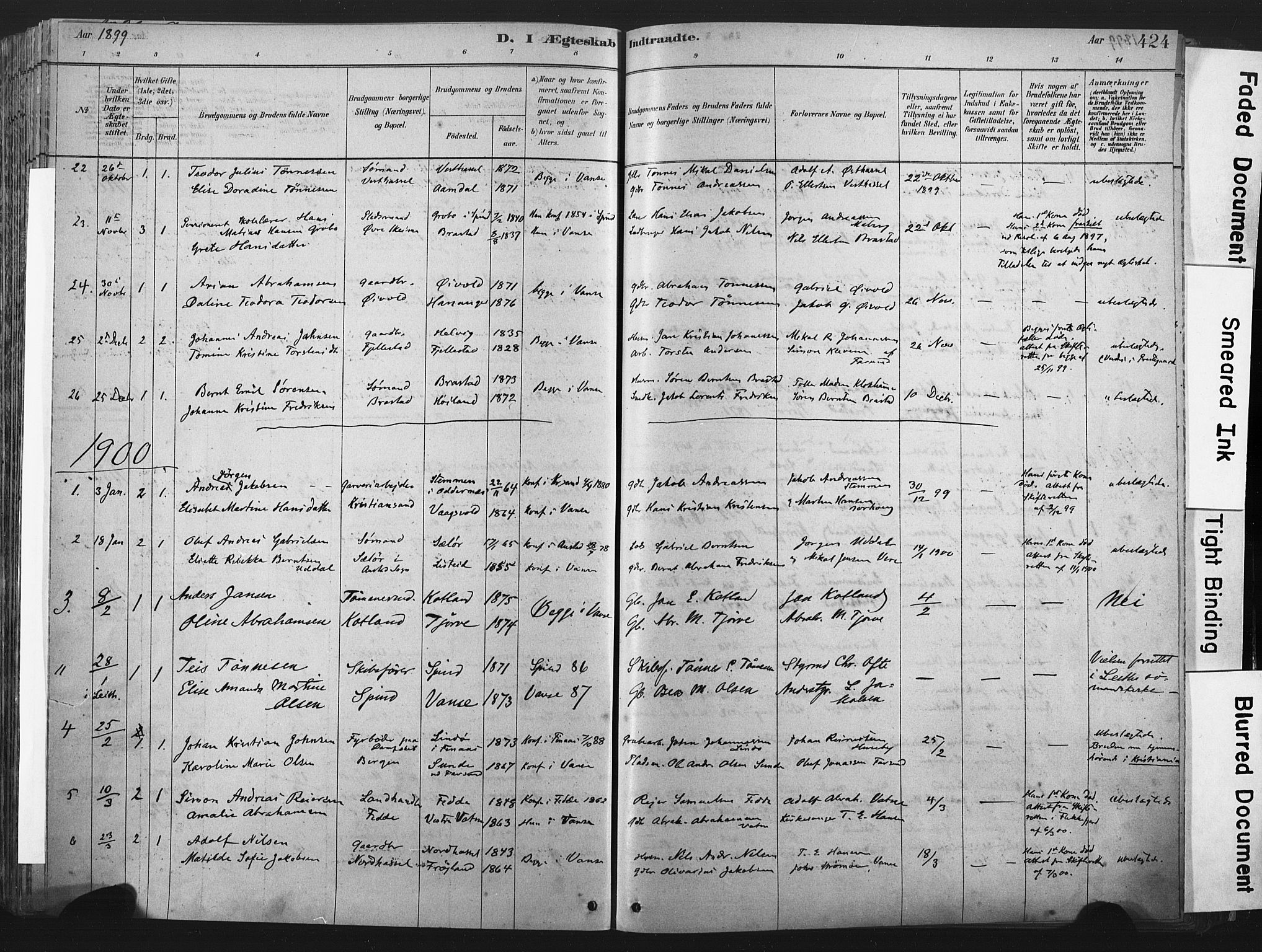 Lista sokneprestkontor, SAK/1111-0027/F/Fa/L0012: Parish register (official) no. A 12, 1879-1903, p. 424