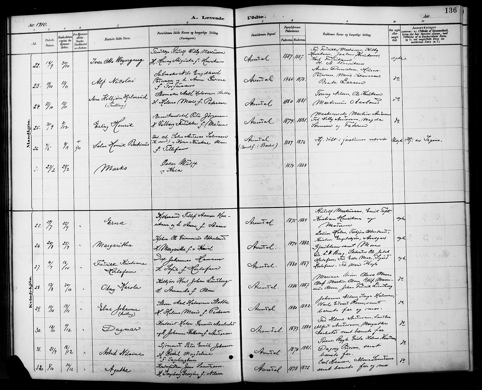 Arendal sokneprestkontor, Trefoldighet, SAK/1111-0040/F/Fb/L0006: Parish register (copy) no. B 6, 1889-1916, p. 136