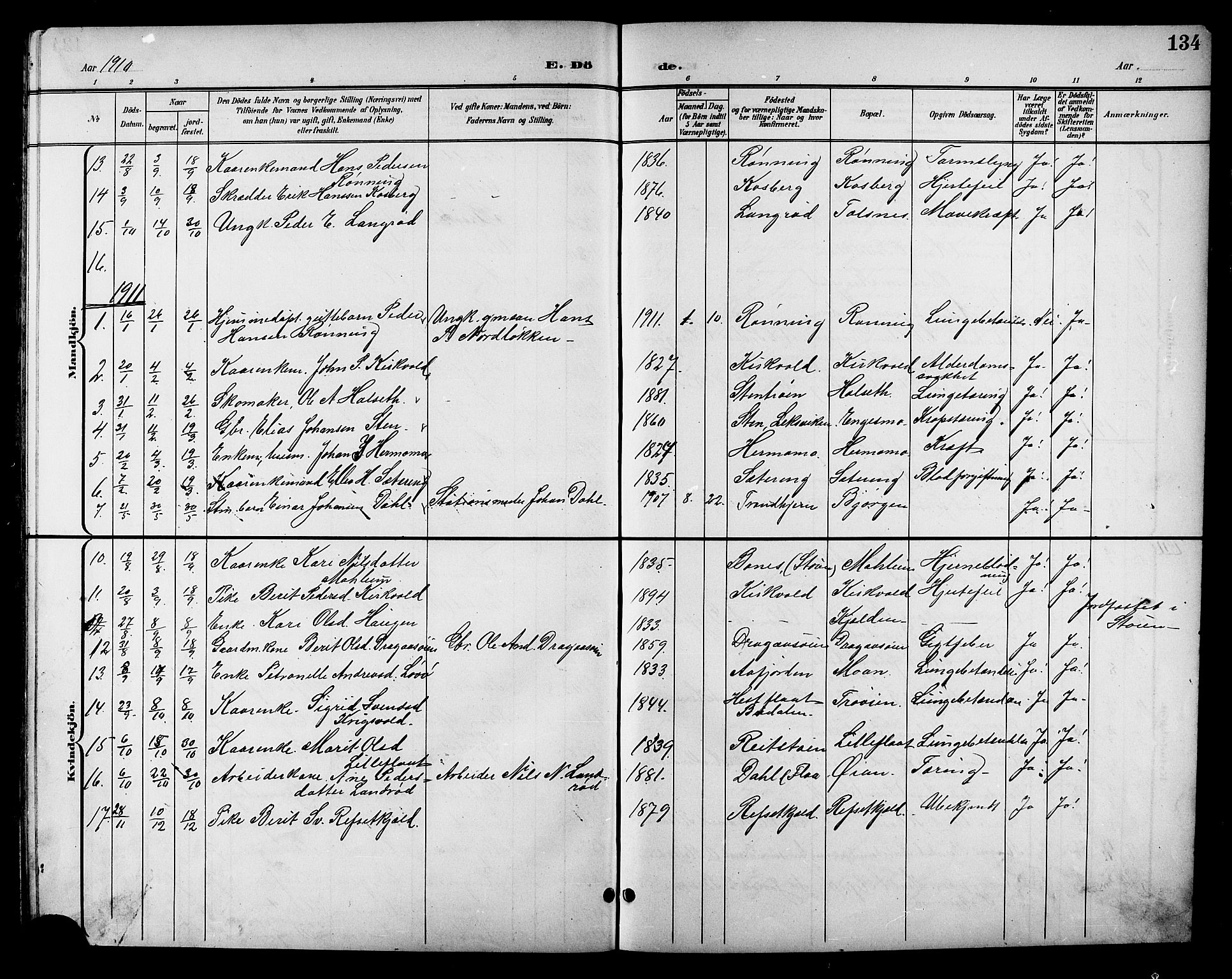 Ministerialprotokoller, klokkerbøker og fødselsregistre - Sør-Trøndelag, SAT/A-1456/688/L1029: Parish register (copy) no. 688C04, 1899-1915, p. 134