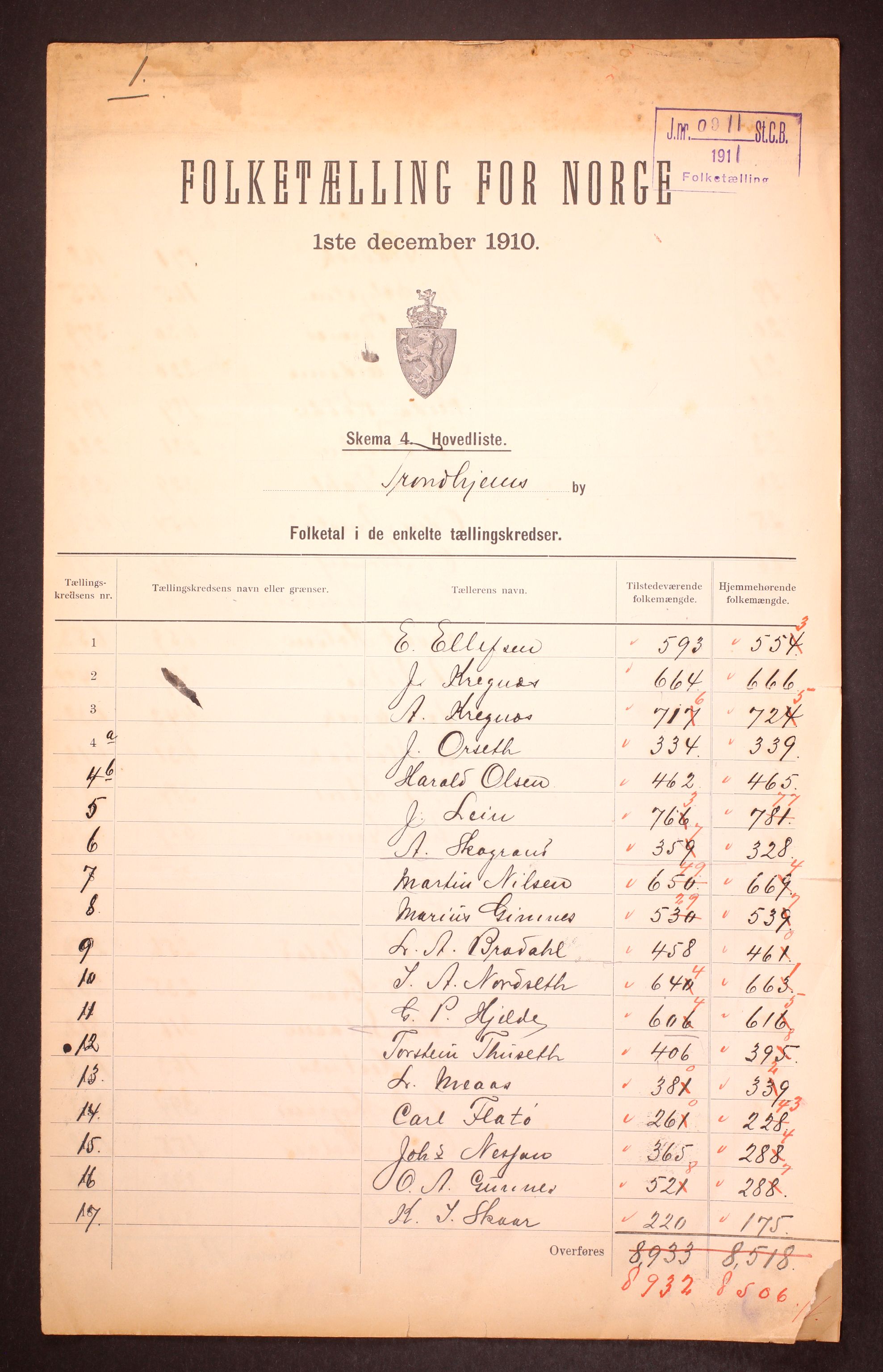 RA, 1910 census for Trondheim, 1910, p. 1