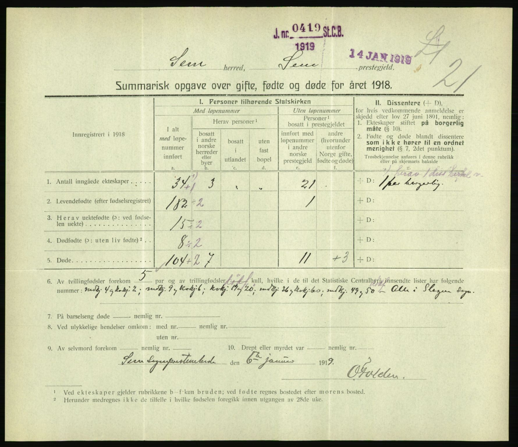 Statistisk sentralbyrå, Sosiodemografiske emner, Befolkning, RA/S-2228/D/Df/Dfb/Dfbh/L0059: Summariske oppgaver over gifte, fødte og døde for hele landet., 1918, p. 505