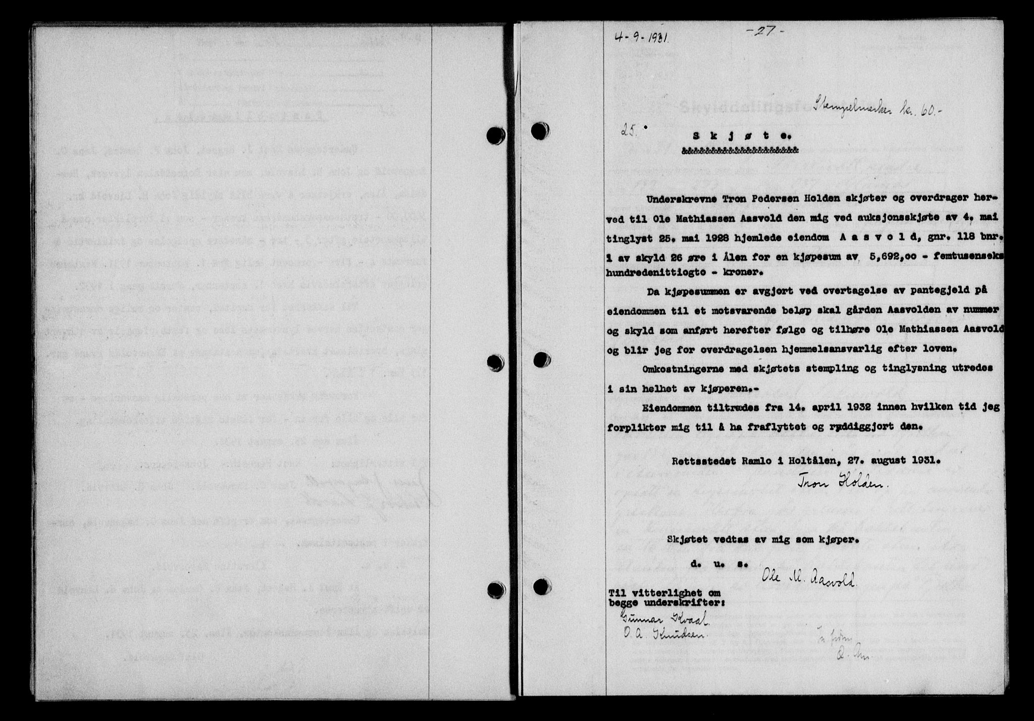 Gauldal sorenskriveri, SAT/A-0014/1/2/2C/L0041: Mortgage book no. 42-43, 1930-1931, Deed date: 04.09.1937