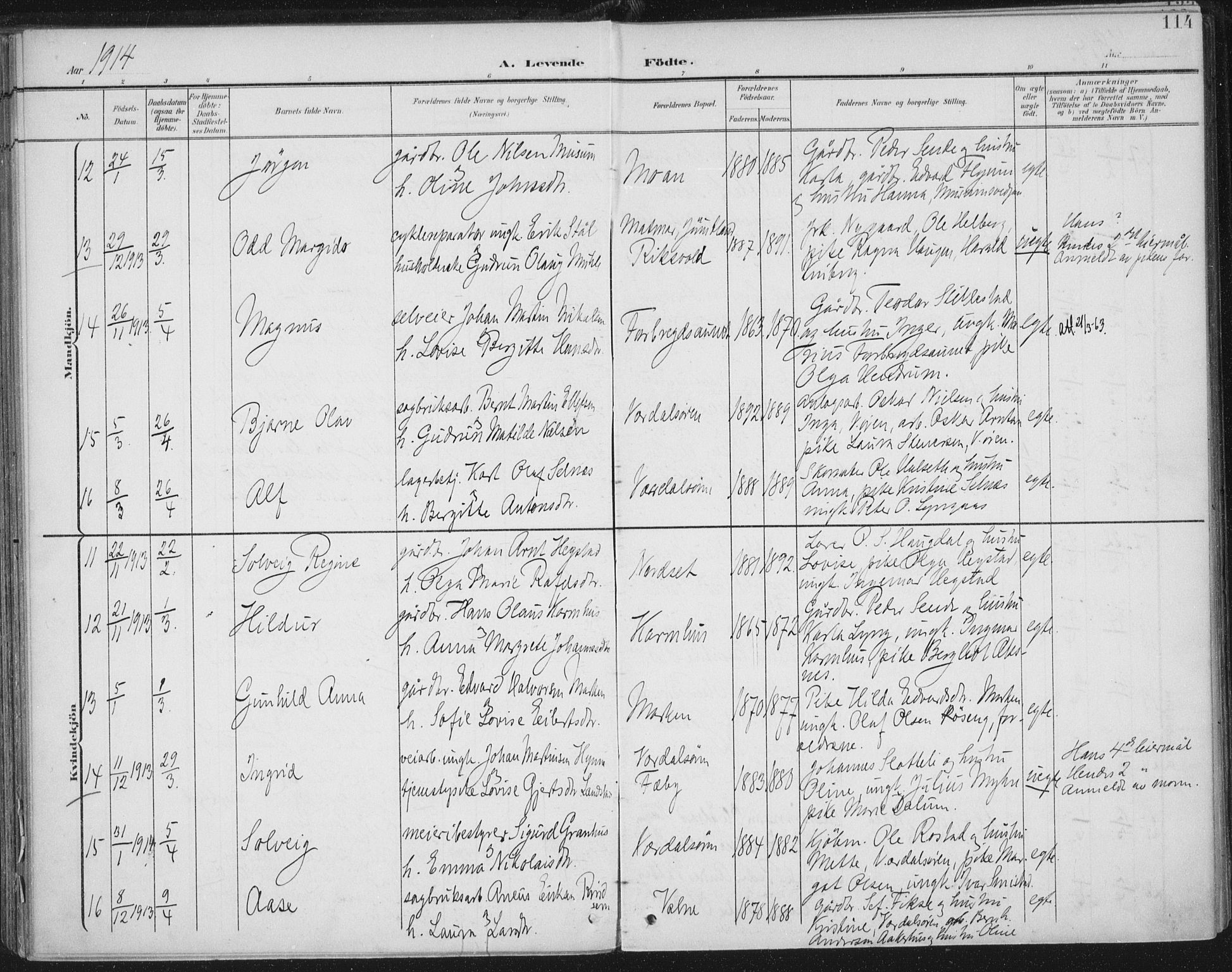 Ministerialprotokoller, klokkerbøker og fødselsregistre - Nord-Trøndelag, SAT/A-1458/723/L0246: Parish register (official) no. 723A15, 1900-1917, p. 114