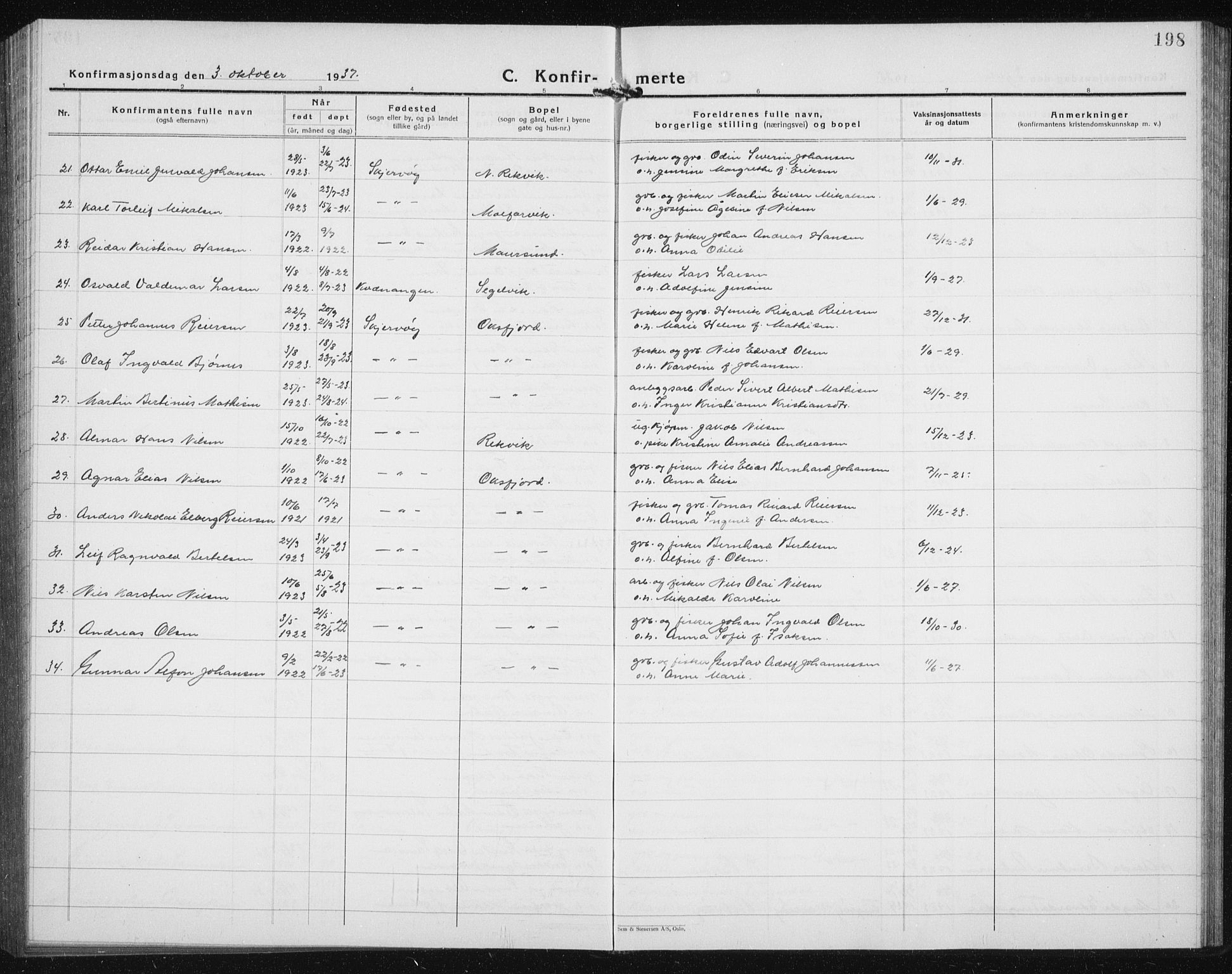 Skjervøy sokneprestkontor, AV/SATØ-S-1300/H/Ha/Hab/L0010klokker: Parish register (copy) no. 10, 1927-1941, p. 198