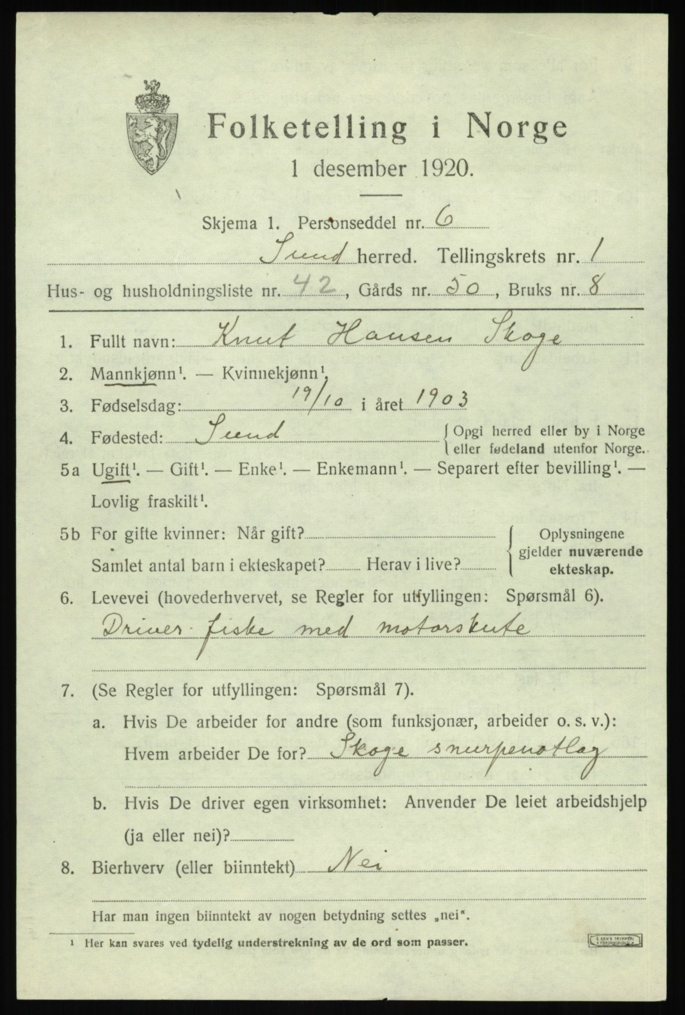 SAB, 1920 census for Sund, 1920, p. 1489