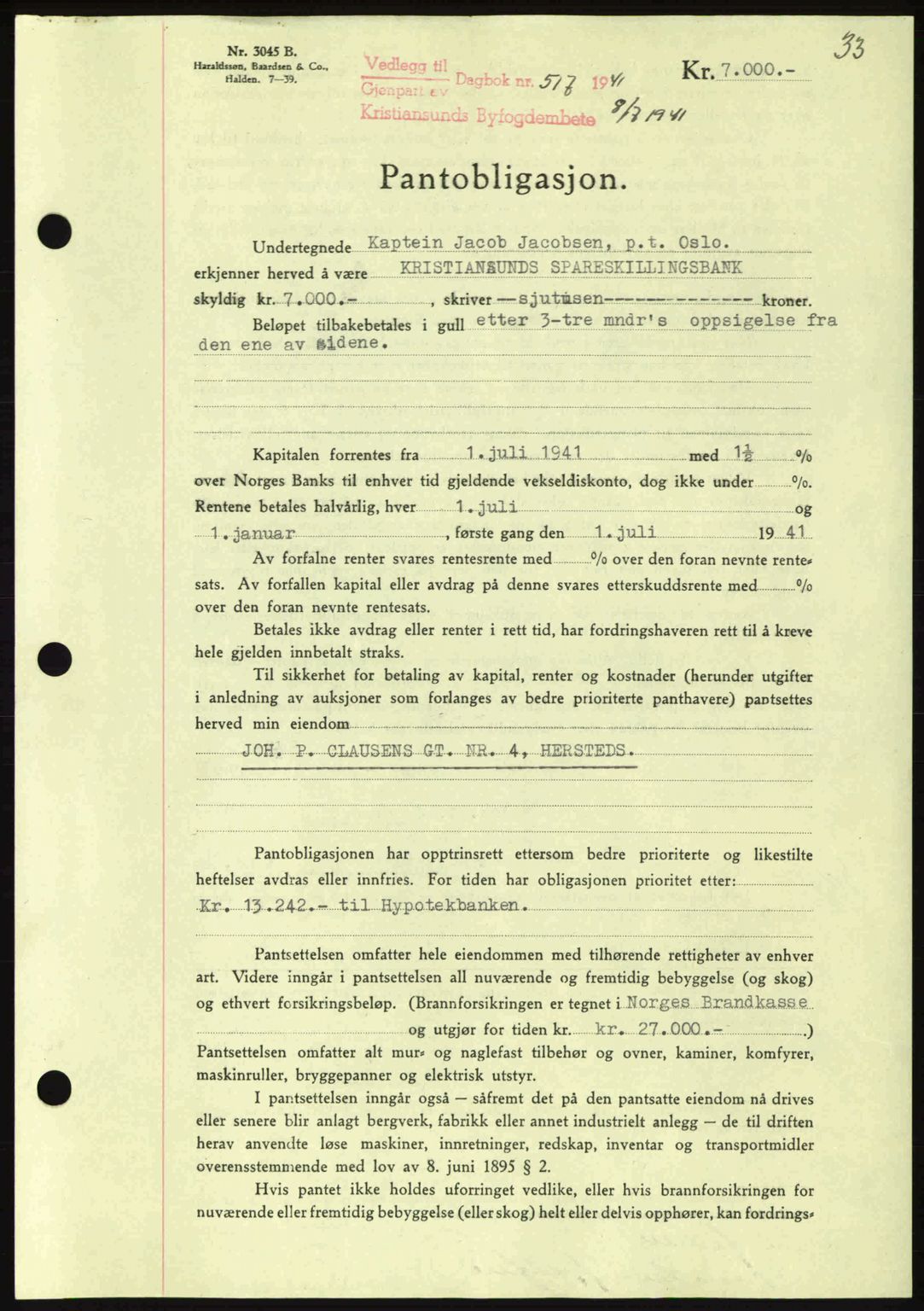 Kristiansund byfogd, AV/SAT-A-4587/A/27: Mortgage book no. 35, 1941-1942, Diary no: : 517/1941