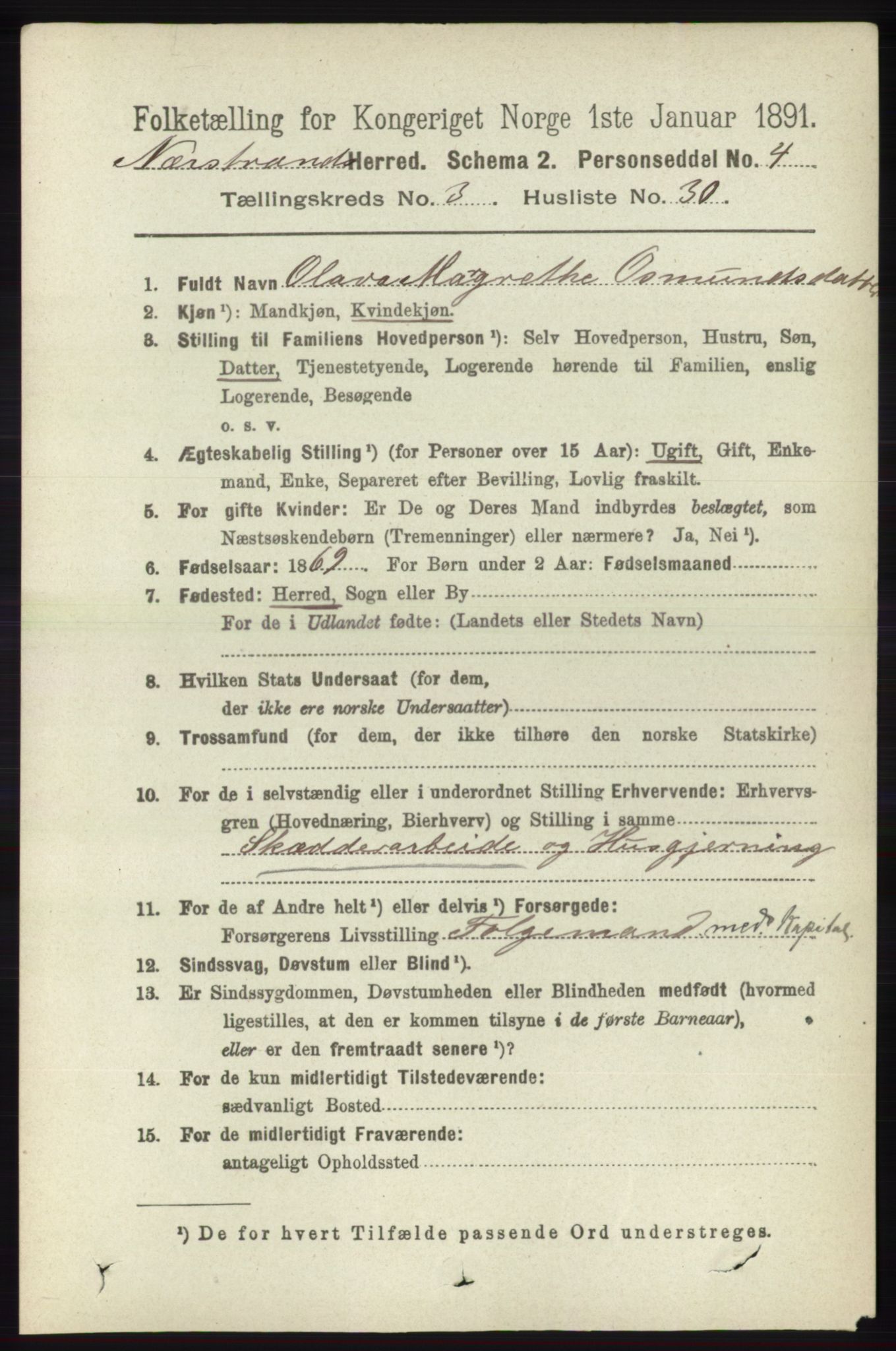 RA, 1891 census for 1139 Nedstrand, 1891, p. 611