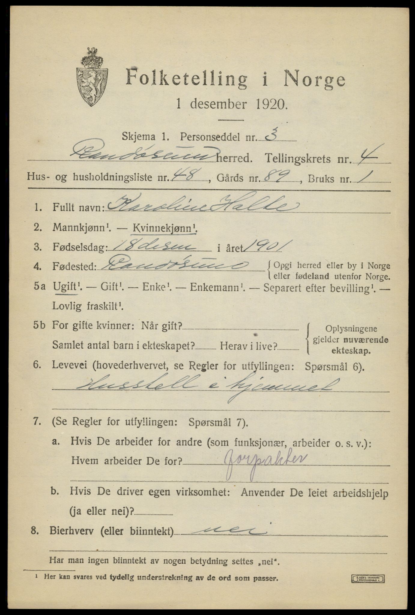 SAK, 1920 census for Randesund, 1920, p. 2280