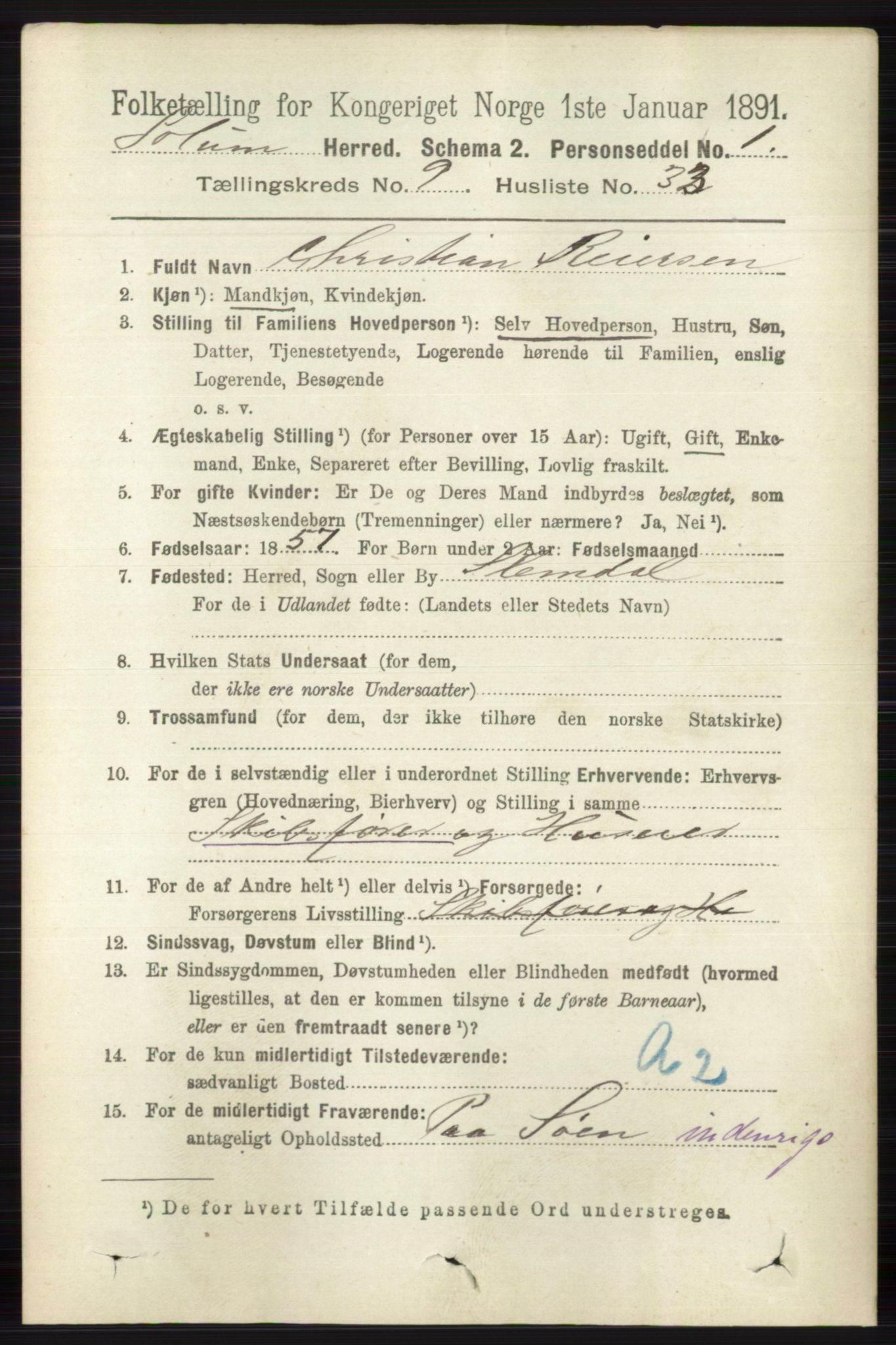 RA, 1891 census for 0818 Solum, 1891, p. 2188