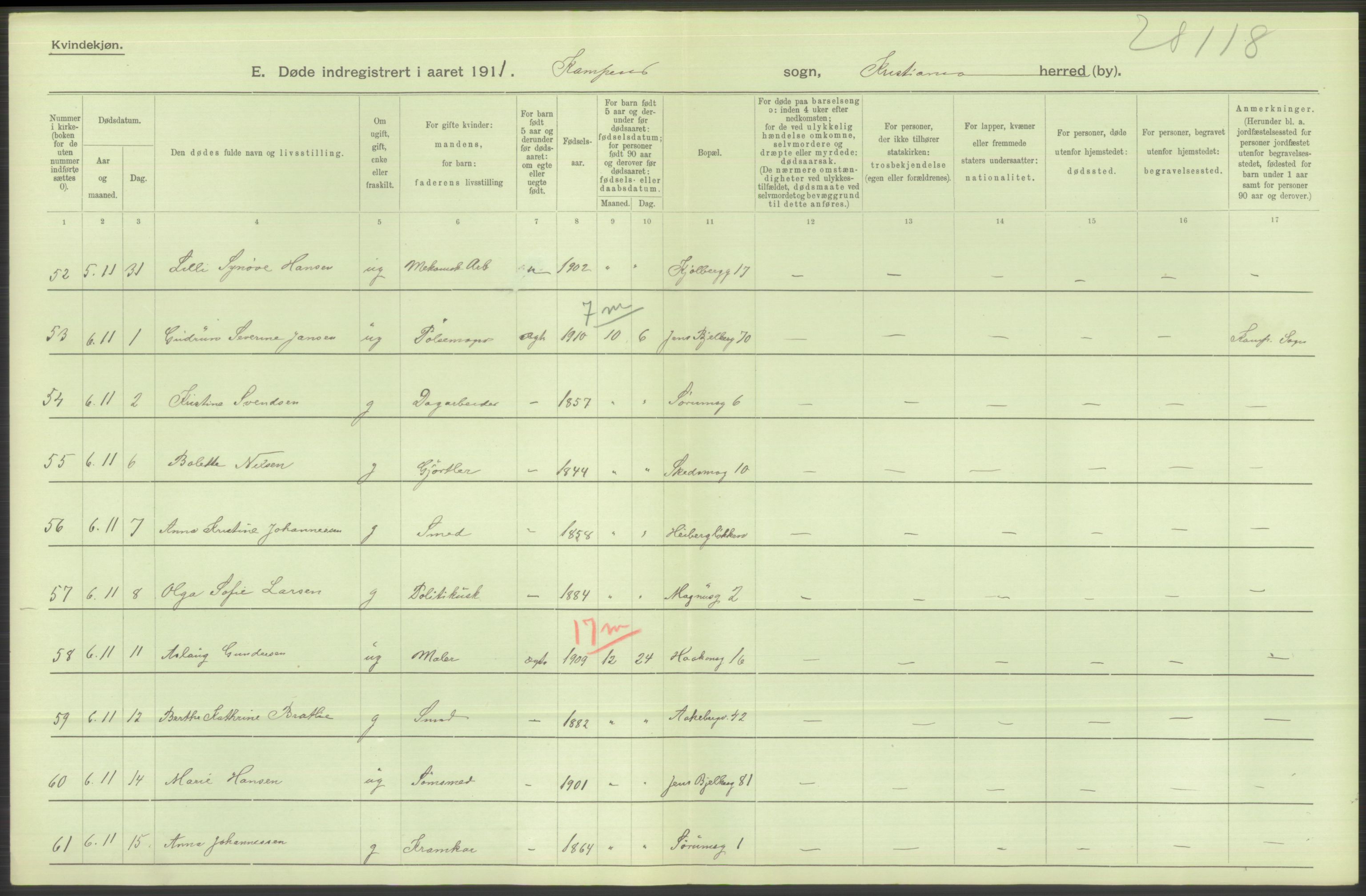 Statistisk sentralbyrå, Sosiodemografiske emner, Befolkning, AV/RA-S-2228/D/Df/Dfb/Dfba/L0010: Kristiania: Døde kvinner samt dødfødte., 1911, p. 210