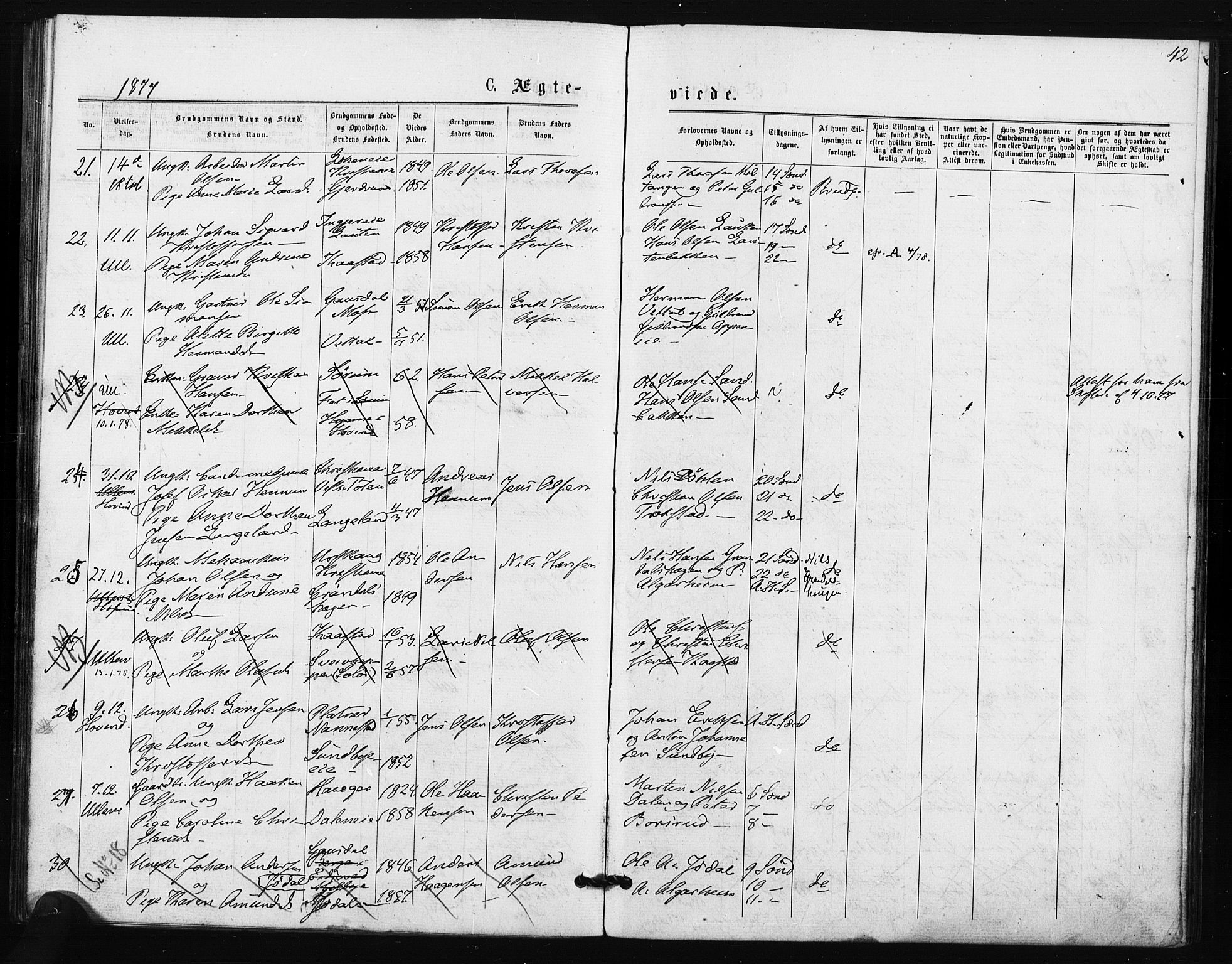 Ullensaker prestekontor Kirkebøker, SAO/A-10236a/F/Fa/L0018: Parish register (official) no. I 18, 1876-1877, p. 42