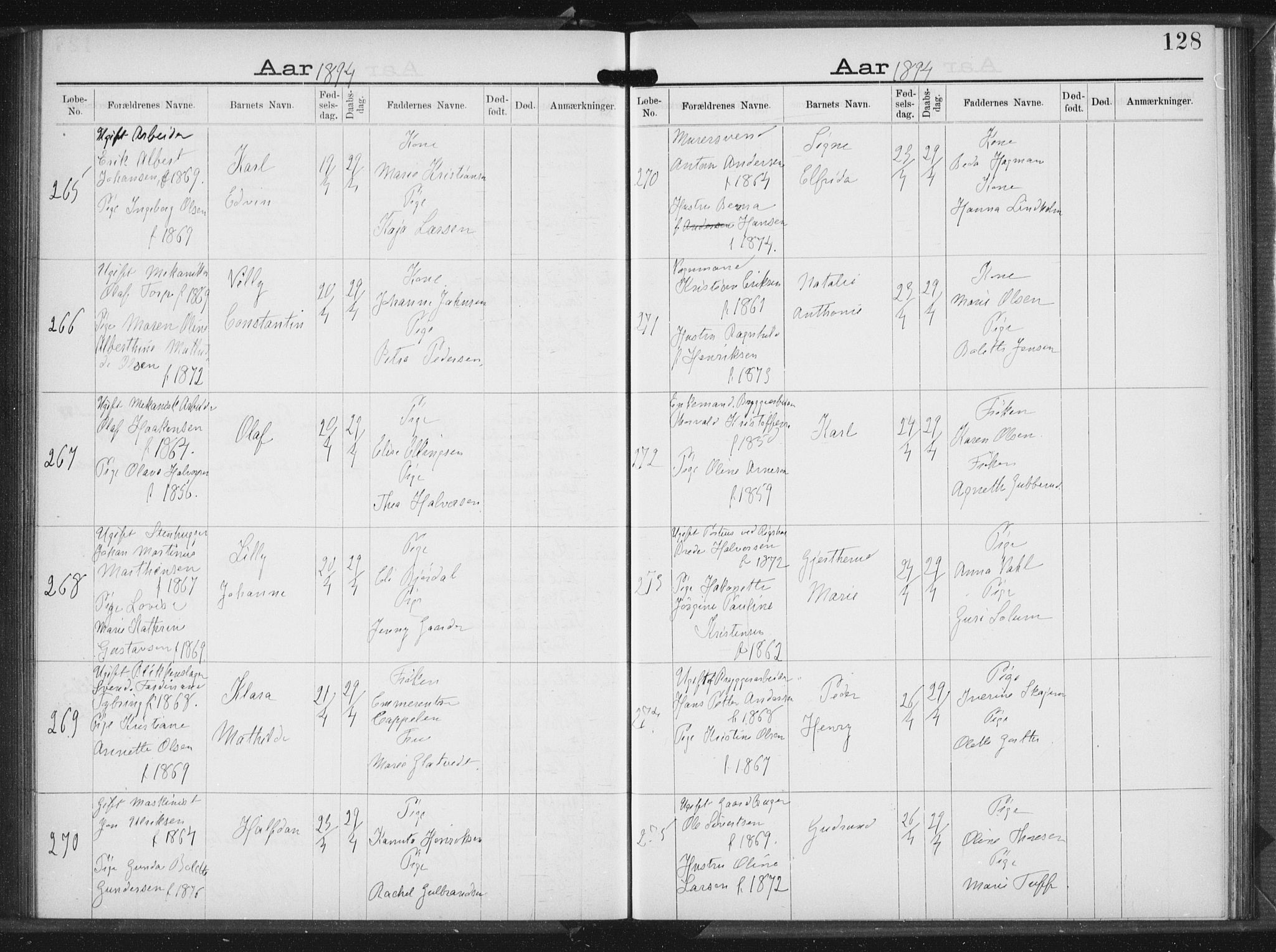 Rikshospitalet prestekontor Kirkebøker, AV/SAO-A-10309b/K/L0004/0001: Baptism register no. 4.1, 1892-1895, p. 128