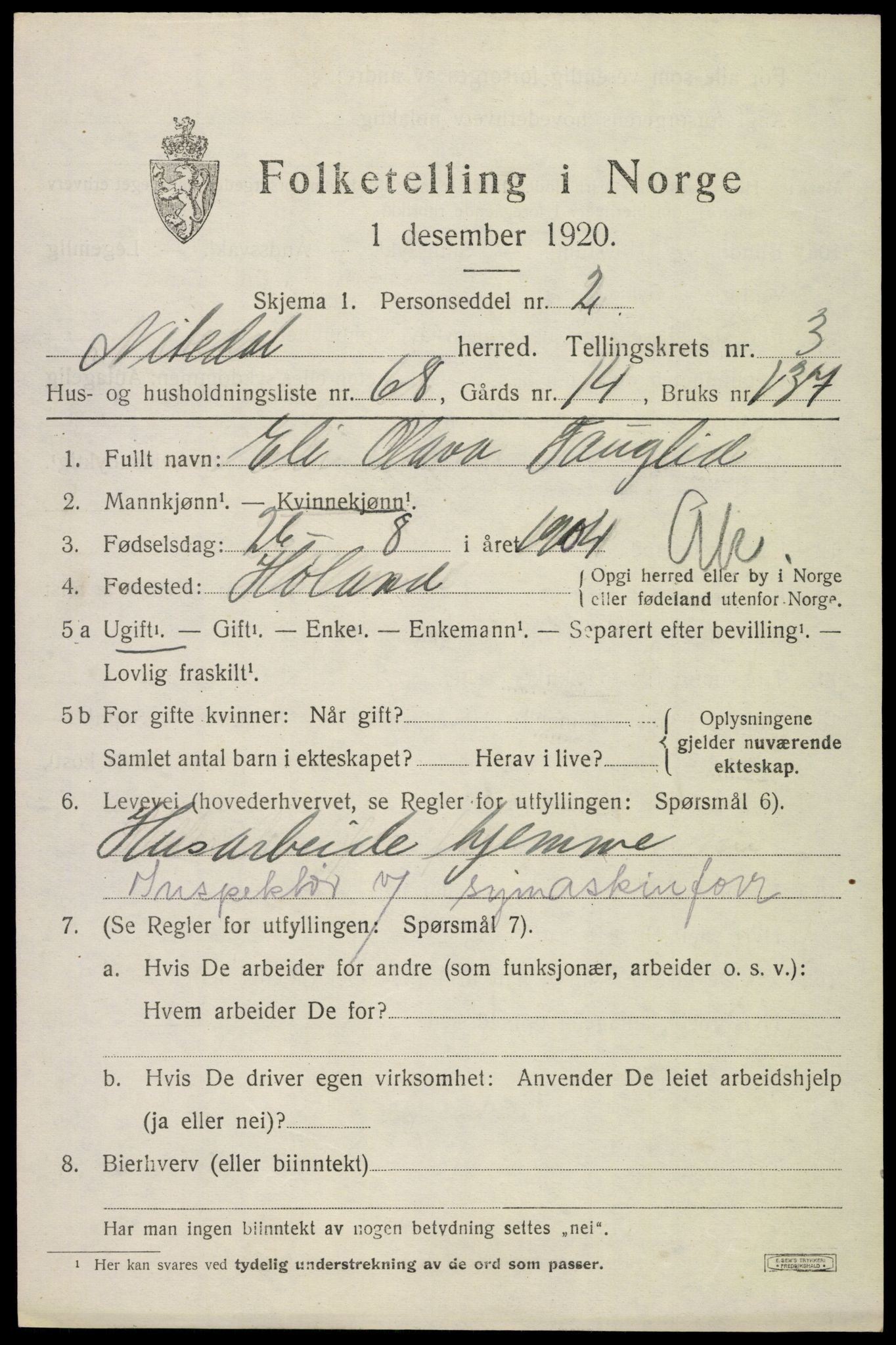 SAO, 1920 census for Nittedal, 1920, p. 4406