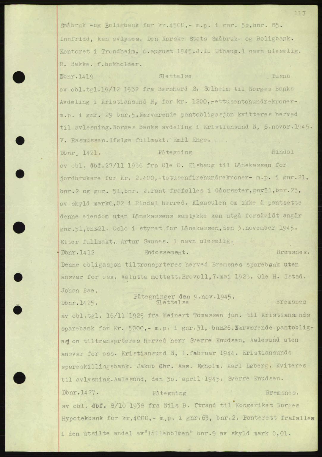 Nordmøre sorenskriveri, AV/SAT-A-4132/1/2/2Ca: Mortgage book no. C82a, 1945-1946, Diary no: : 1419/1945