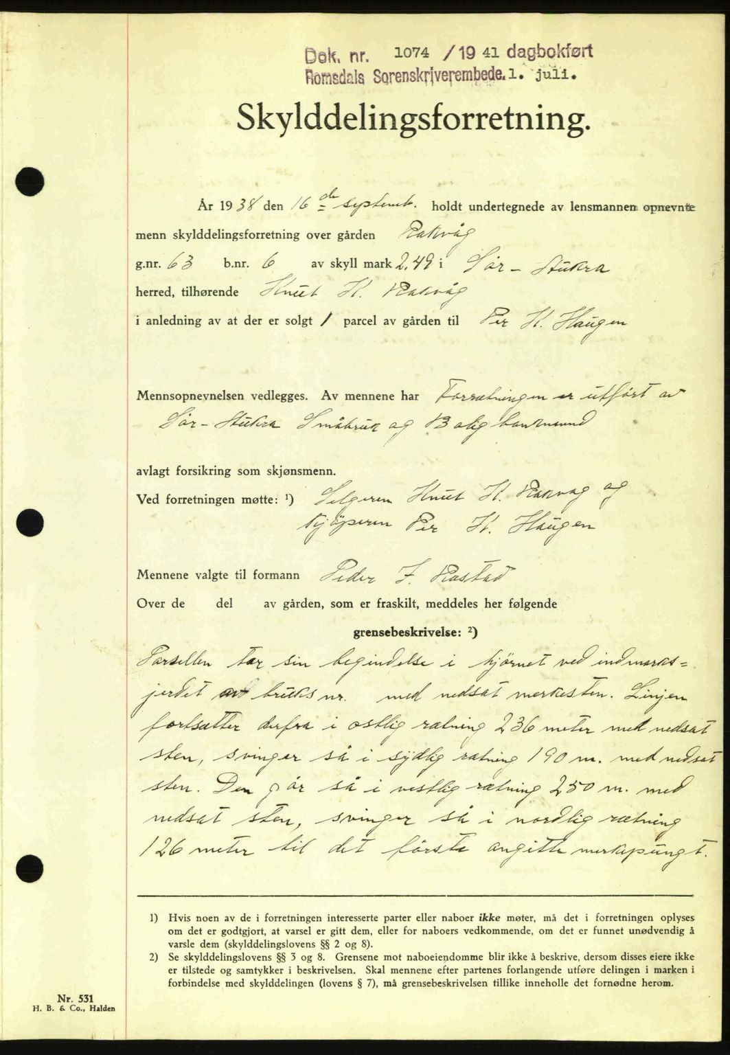 Romsdal sorenskriveri, AV/SAT-A-4149/1/2/2C: Mortgage book no. A10, 1941-1941, Diary no: : 1074/1941