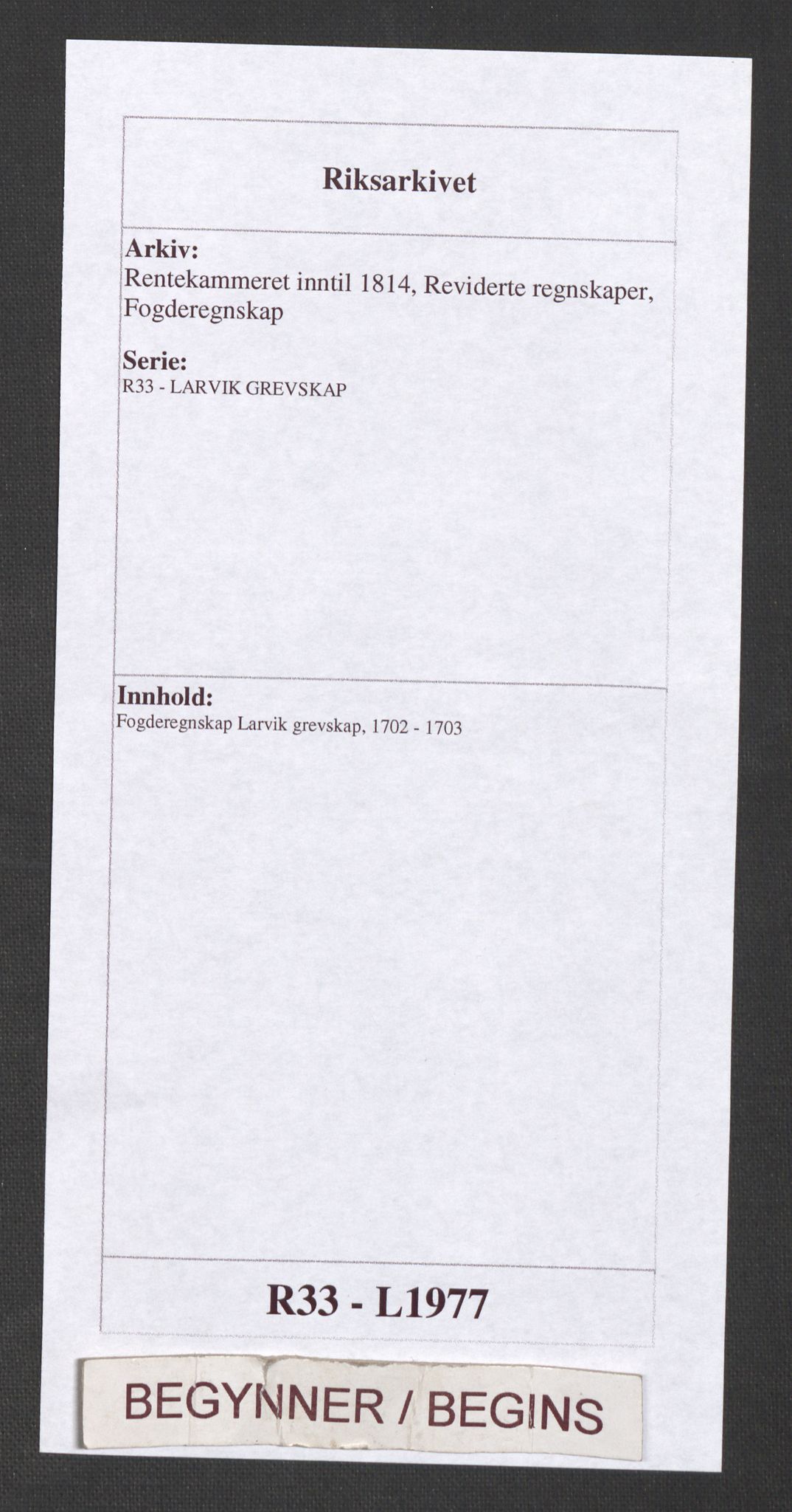 Rentekammeret inntil 1814, Reviderte regnskaper, Fogderegnskap, AV/RA-EA-4092/R33/L1977: Fogderegnskap Larvik grevskap, 1702-1703, p. 1