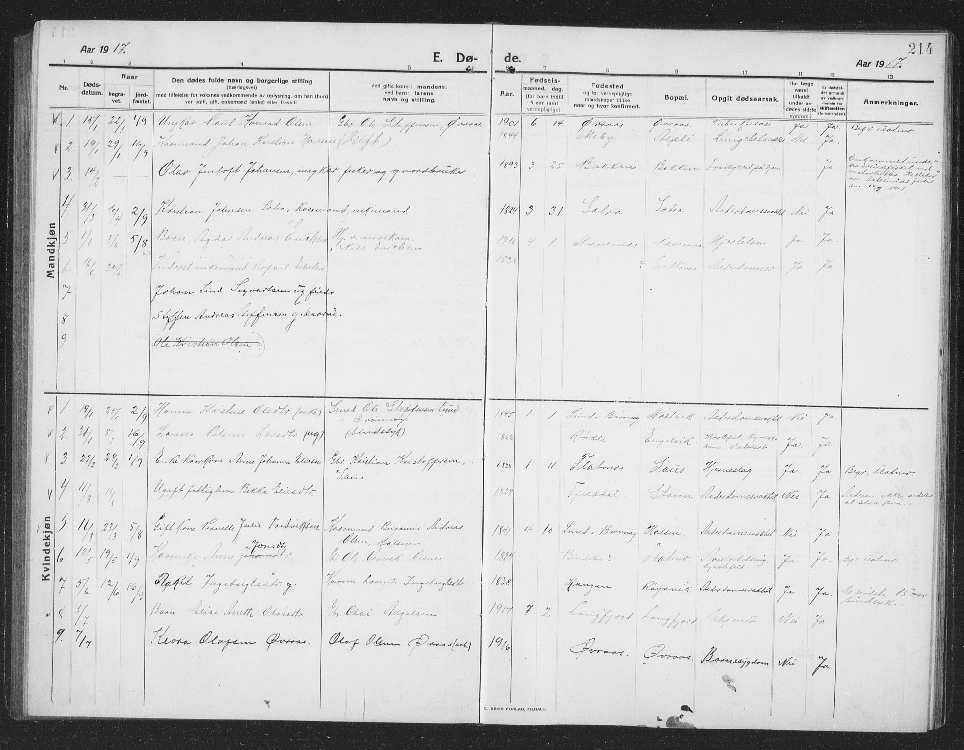 Ministerialprotokoller, klokkerbøker og fødselsregistre - Nordland, AV/SAT-A-1459/814/L0231: Parish register (copy) no. 814C04, 1912-1926, p. 214