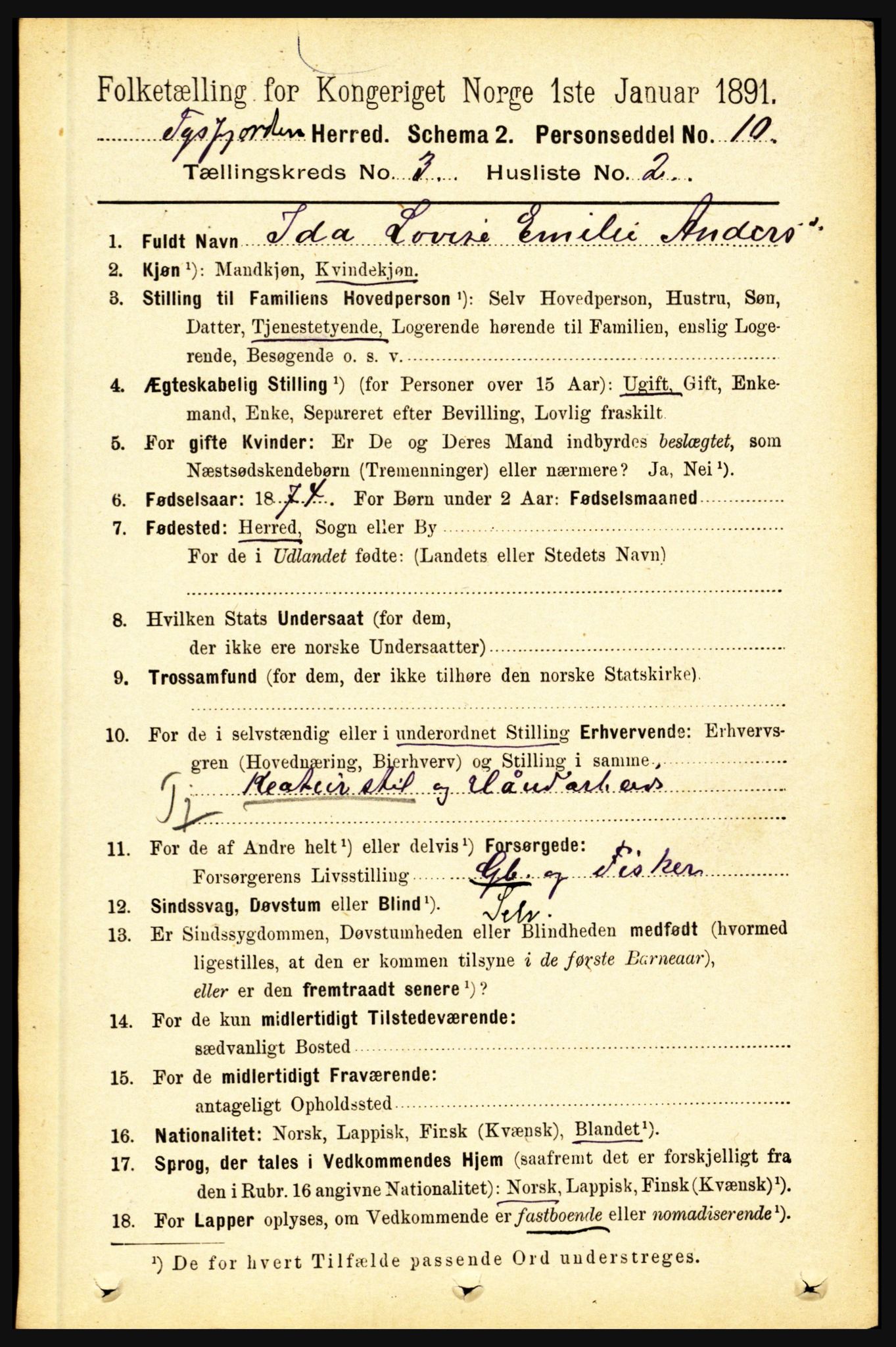 RA, 1891 census for 1850 Tysfjord, 1891, p. 1061