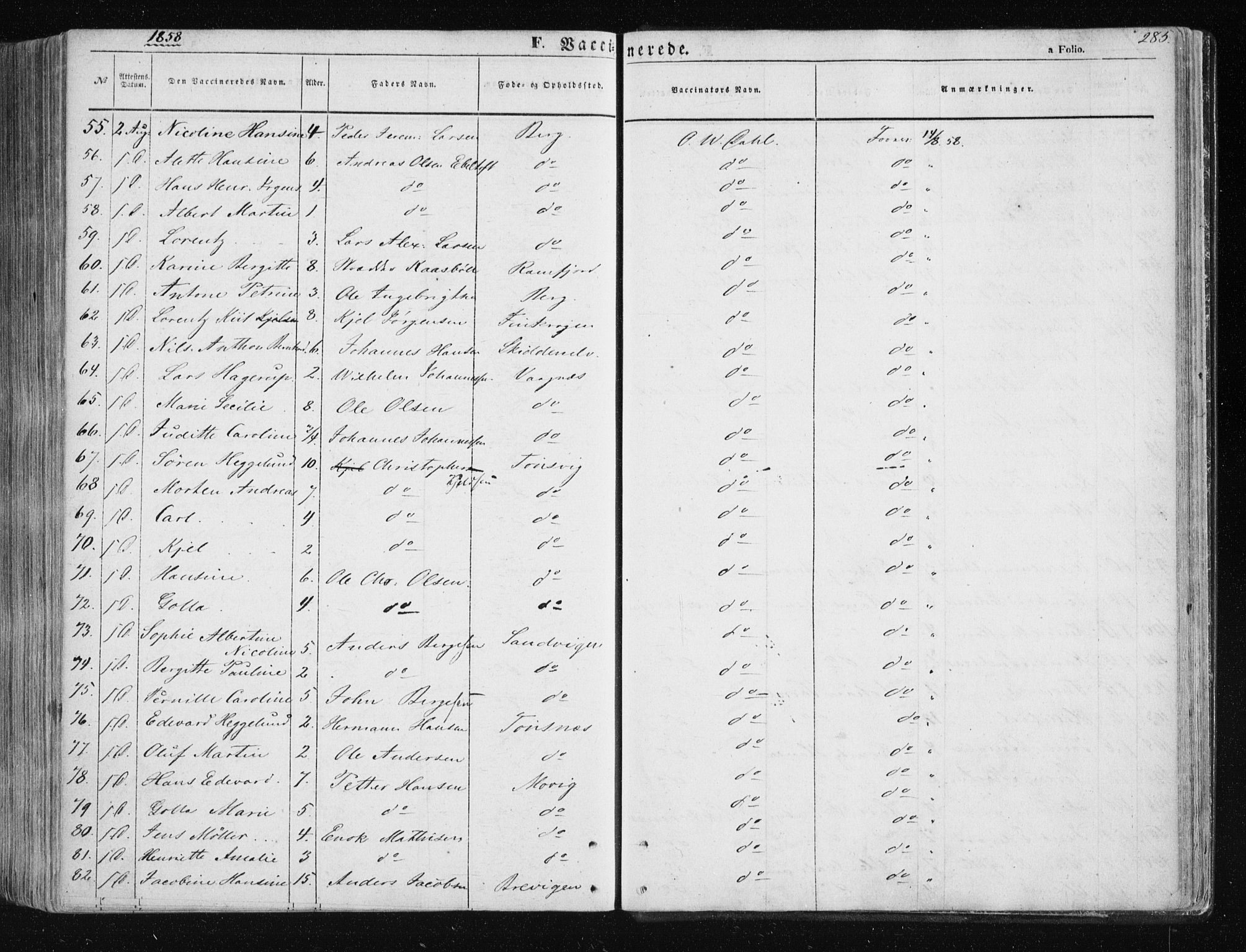 Tromsøysund sokneprestkontor, AV/SATØ-S-1304/G/Ga/L0001kirke: Parish register (official) no. 1, 1856-1867, p. 285