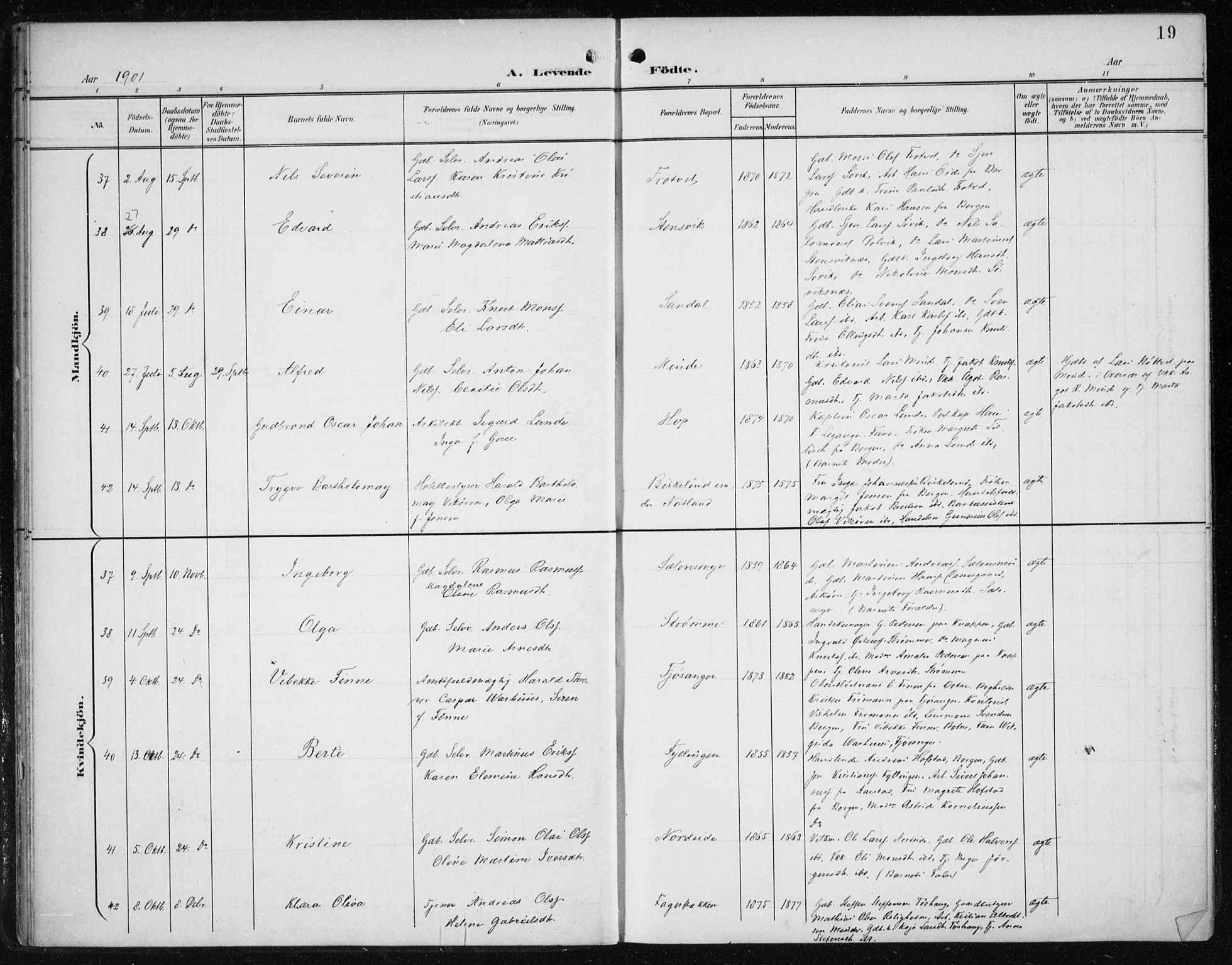 Fana Sokneprestembete, SAB/A-75101/H/Haa/Haai/L0003: Parish register (official) no. I 3, 1900-1912, p. 19