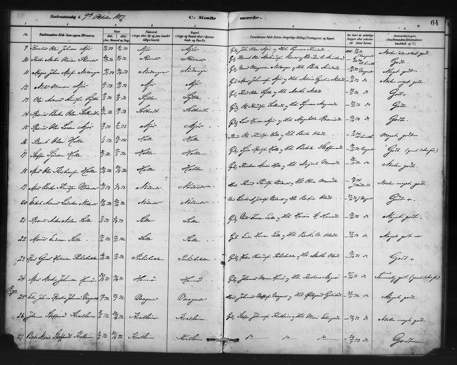 Manger sokneprestembete, SAB/A-76801/H/Haa: Parish register (official) no. C 1, 1881-1890, p. 64