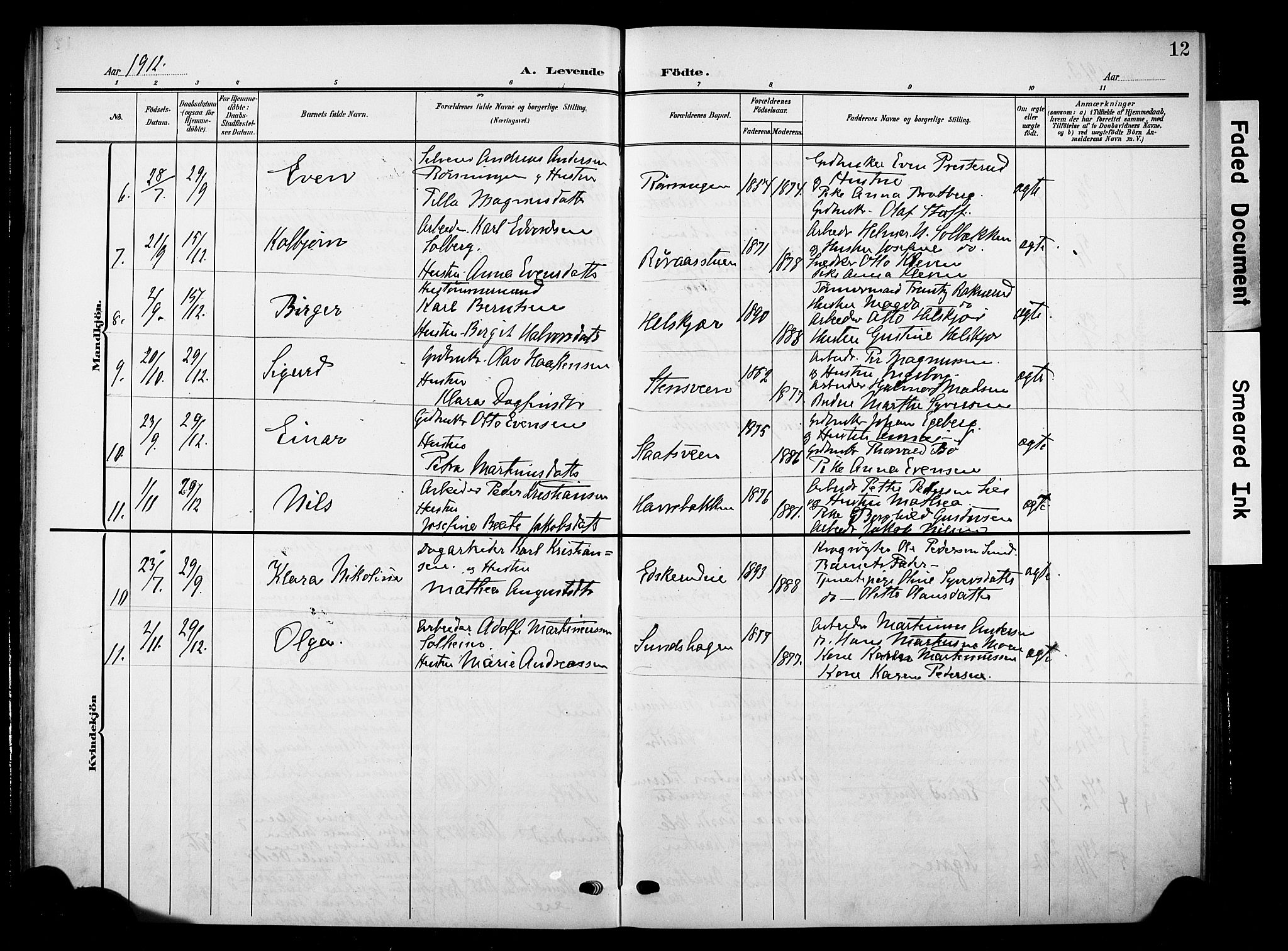 Nes prestekontor, Hedmark, SAH/PREST-020/K/Ka/L0012: Parish register (official) no. 12, 1906-1920, p. 12