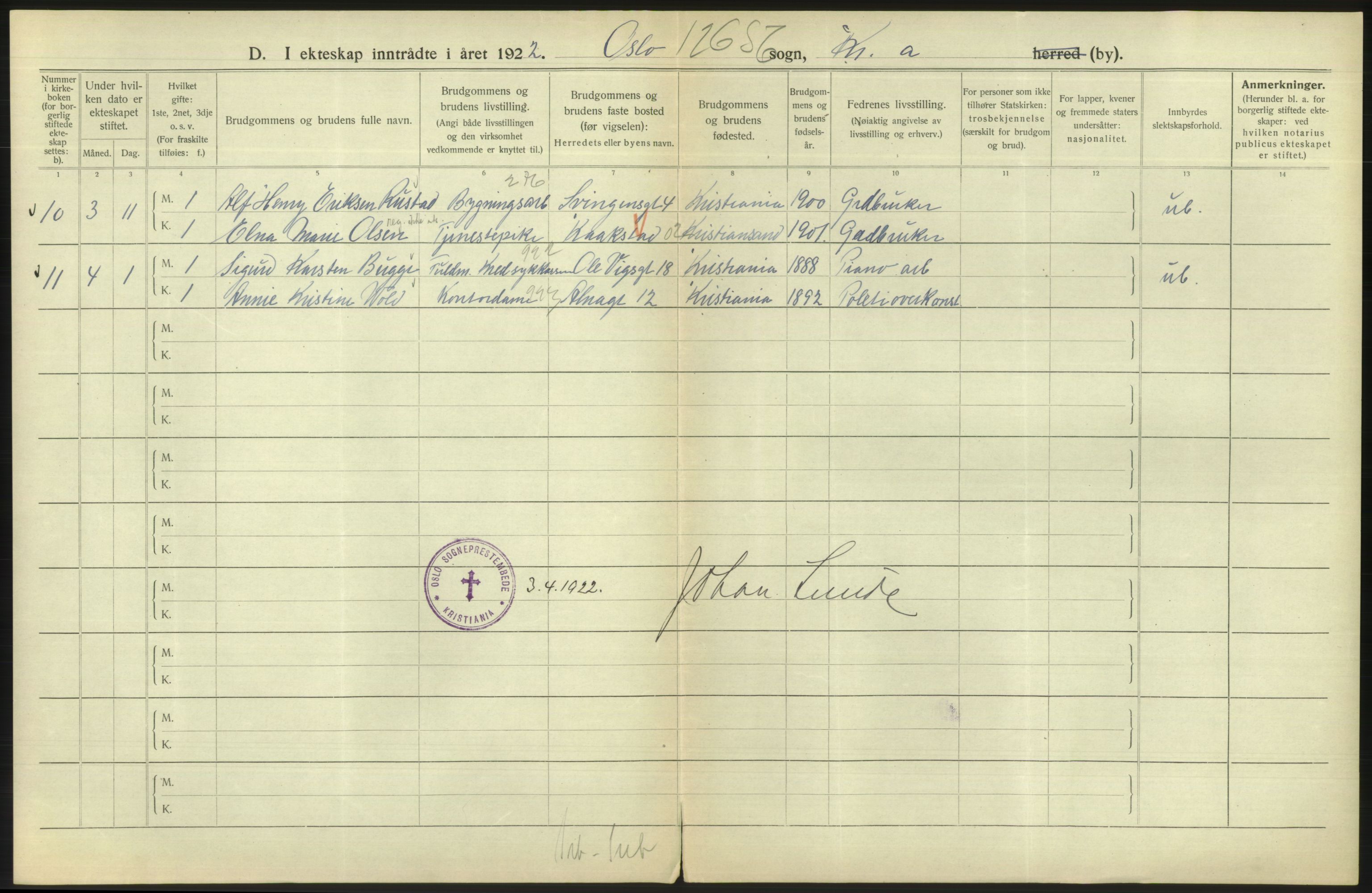 Statistisk sentralbyrå, Sosiodemografiske emner, Befolkning, AV/RA-S-2228/D/Df/Dfc/Dfcb/L0008: Kristiania: Gifte, 1922, p. 124