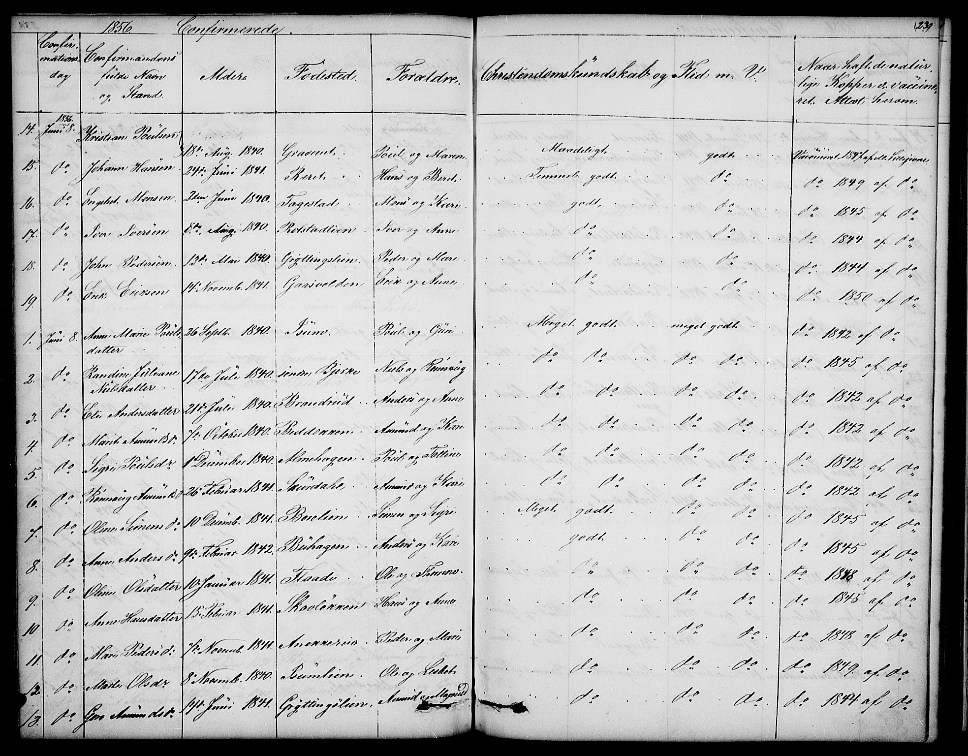 Sør-Fron prestekontor, SAH/PREST-010/H/Ha/Hab/L0001: Parish register (copy) no. 1, 1844-1863, p. 239