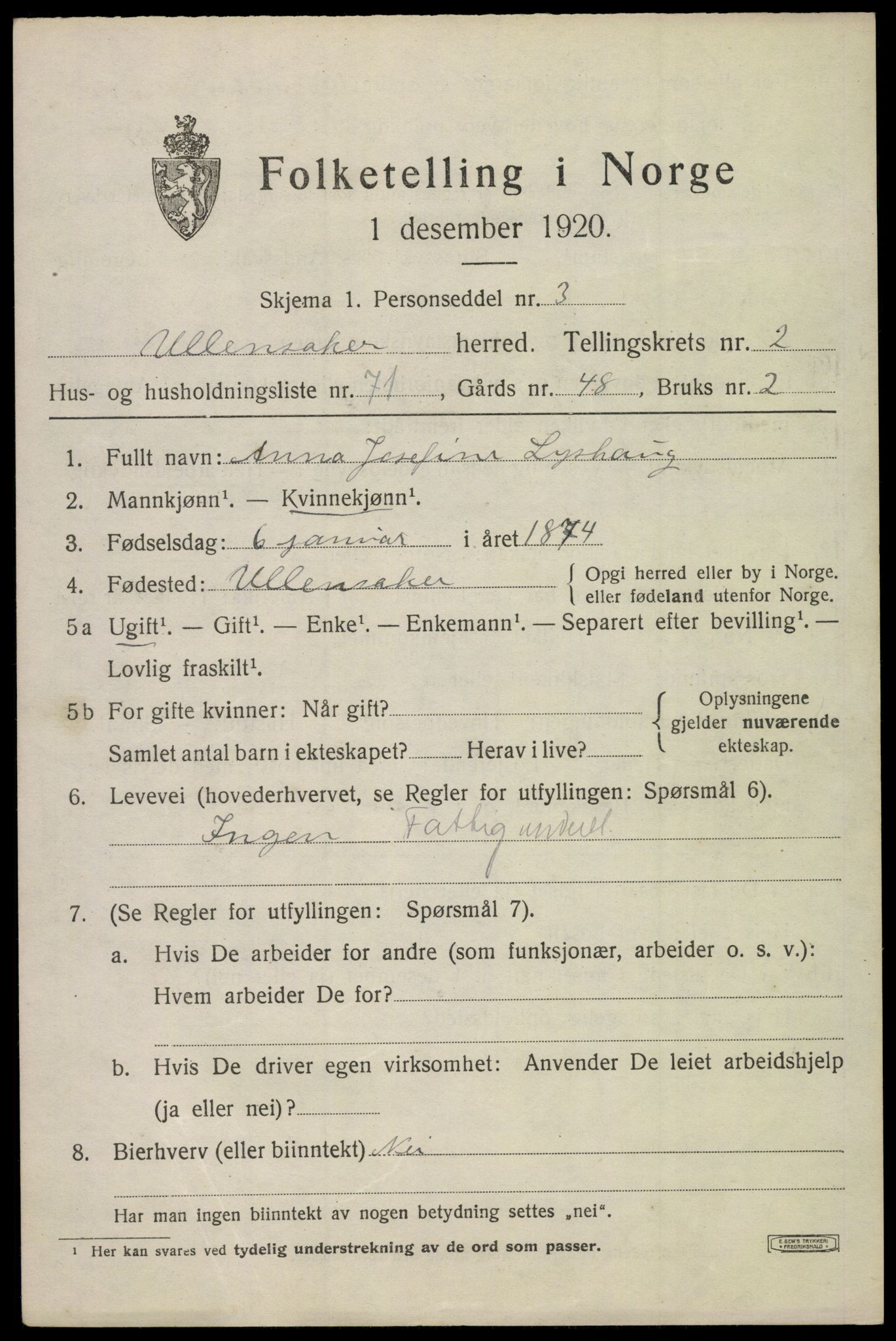 SAO, 1920 census for Ullensaker, 1920, p. 5529