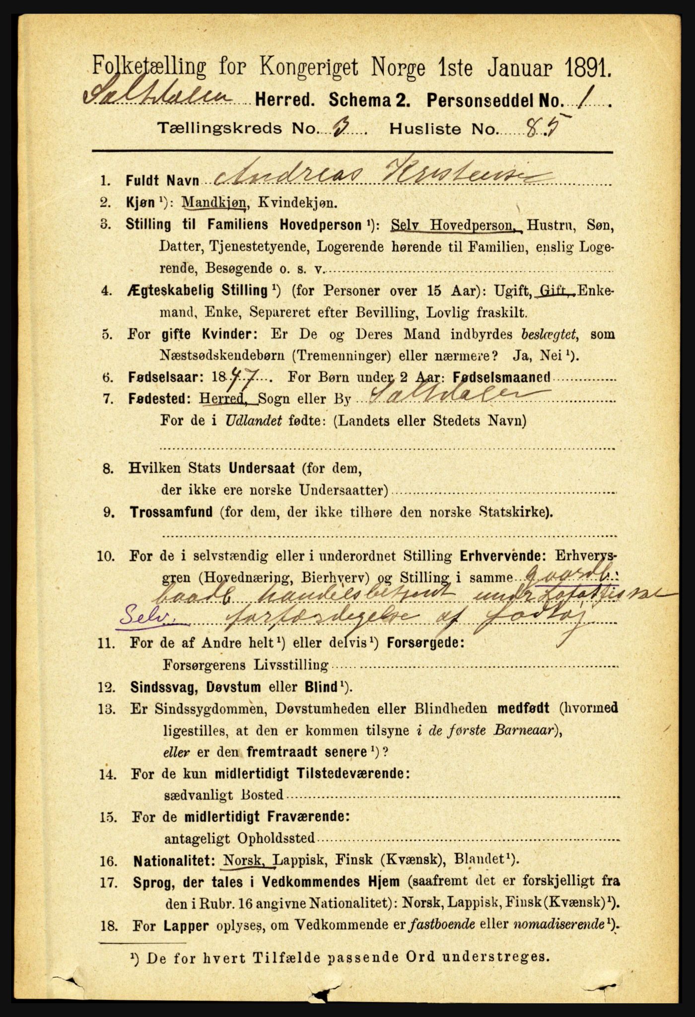 RA, 1891 census for 1840 Saltdal, 1891, p. 2246