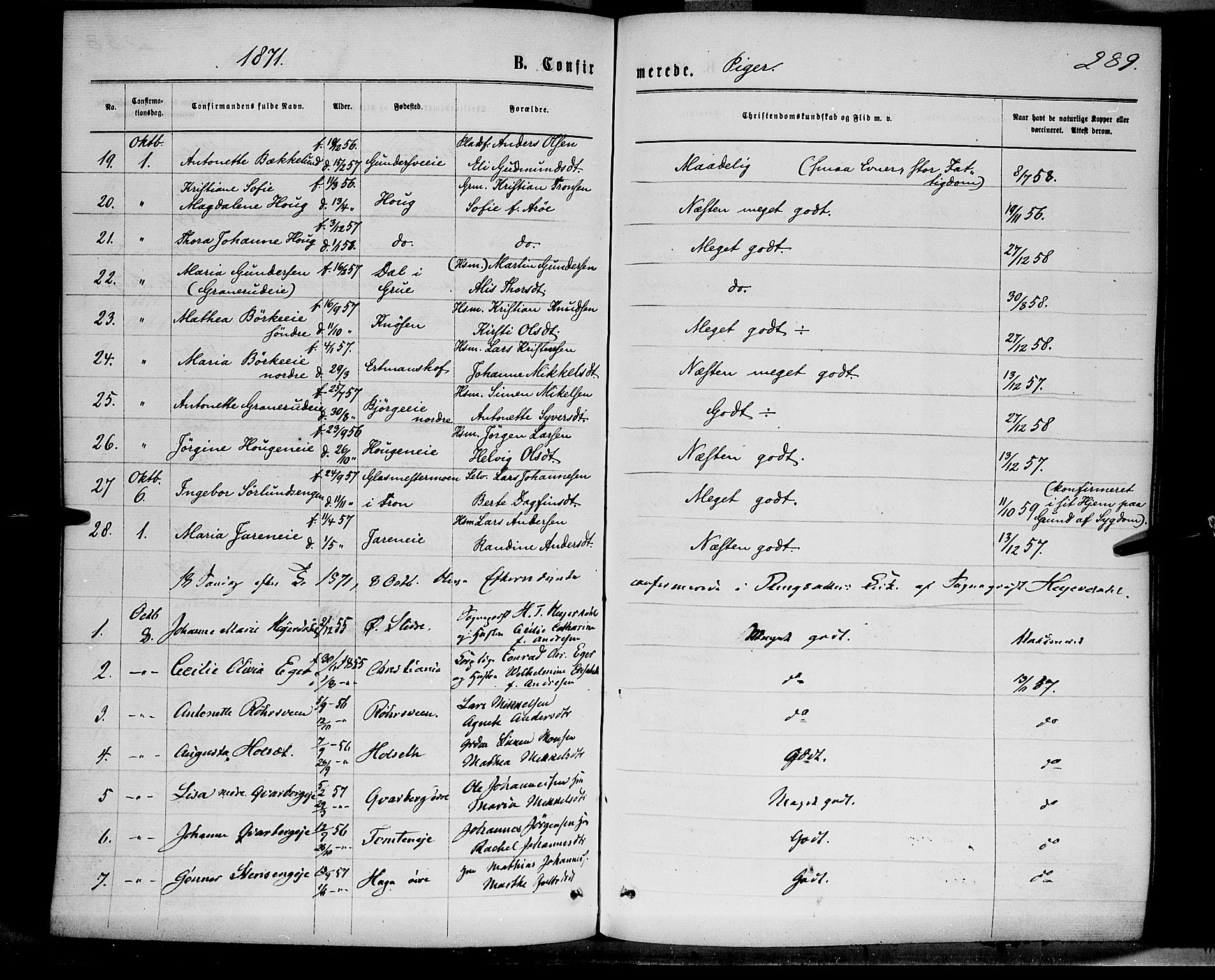 Ringsaker prestekontor, SAH/PREST-014/K/Ka/L0011: Parish register (official) no. 11, 1870-1878, p. 289