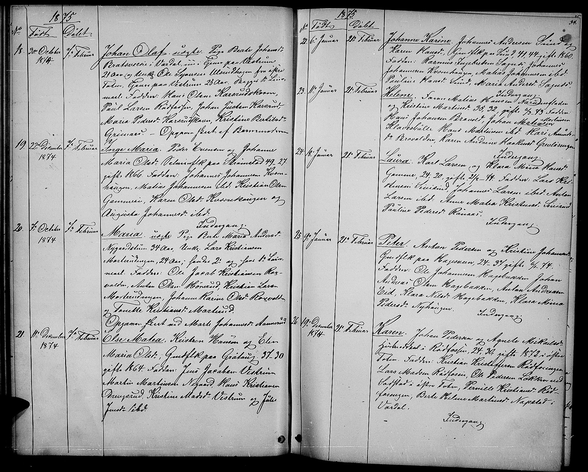 Vestre Toten prestekontor, SAH/PREST-108/H/Ha/Hab/L0006: Parish register (copy) no. 6, 1870-1887, p. 34