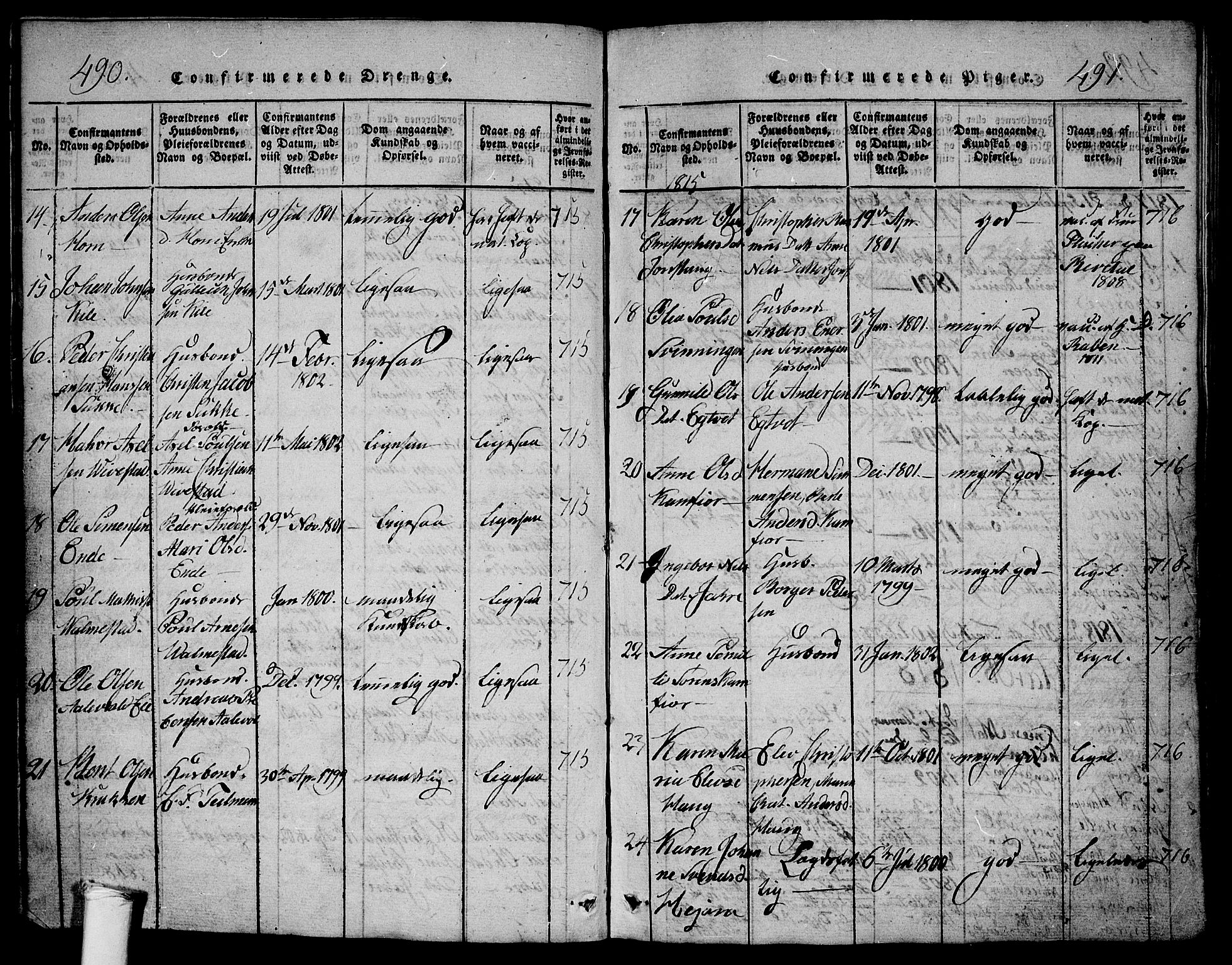 Ramnes kirkebøker, AV/SAKO-A-314/G/Ga/L0001: Parish register (copy) no. I 1, 1813-1847, p. 490-491